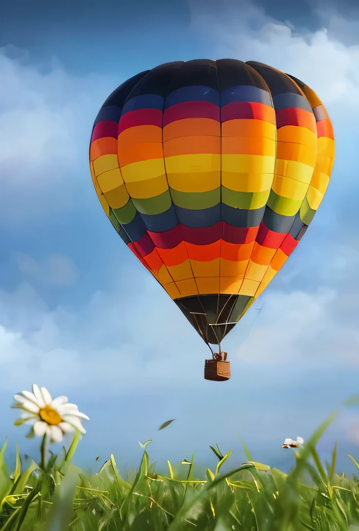 a close up of a hot air ballon flying over a field of grass,  detalhe HD, hiperdetalhe, cinemactic, surrealismo, luz suave, foco de campo profundo bokeh, ray tracing, surrealismo. --v6