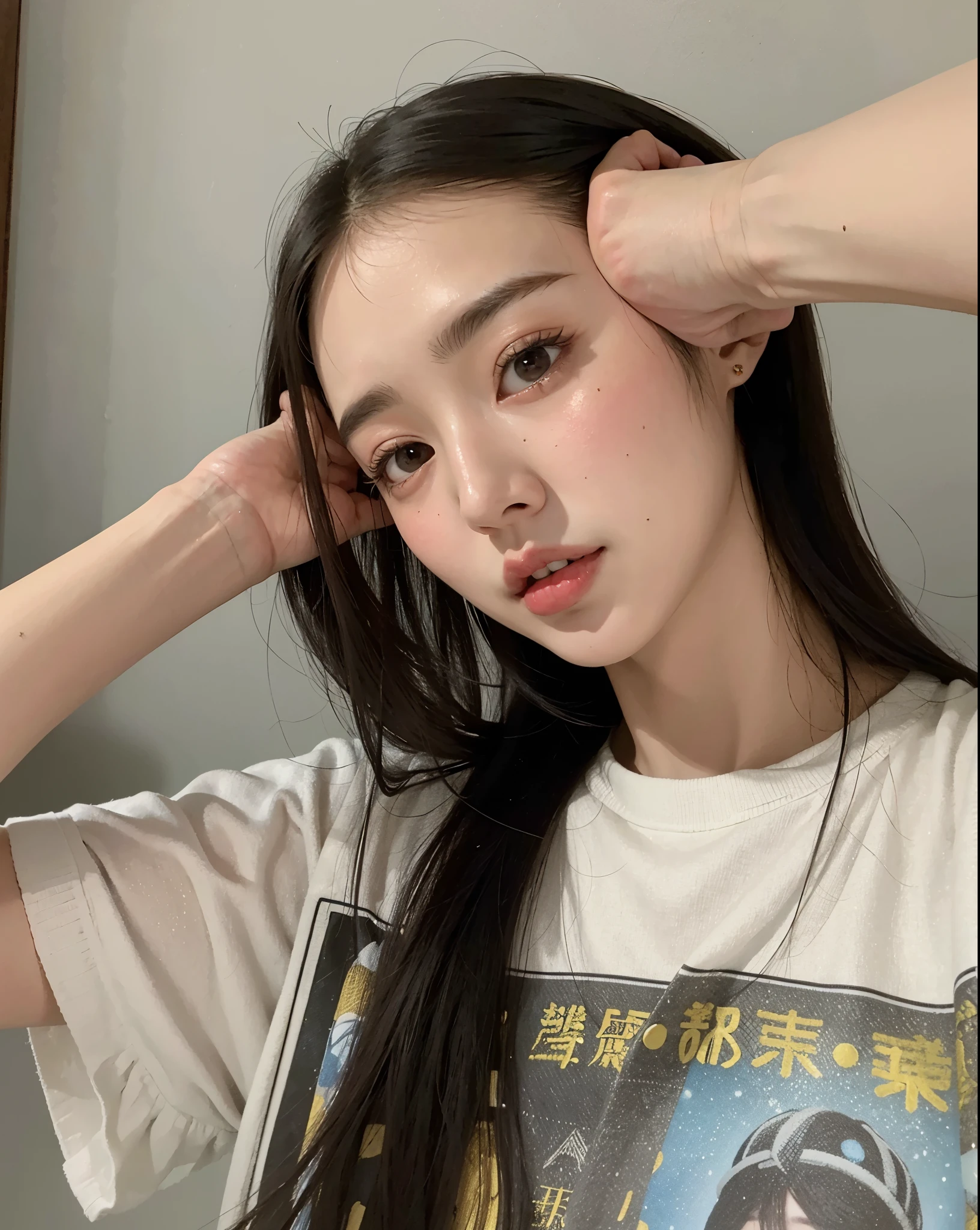 there is a woman that is holding her head in her hands, dilraba dilmurat, kiko mizuhara, xision wu, yanjun chengt, xintong chen, chiho, girl cute-fine-face, wenfei ye, 奈良美智, louise zhang, lulu chen, ulzzang, without makeup