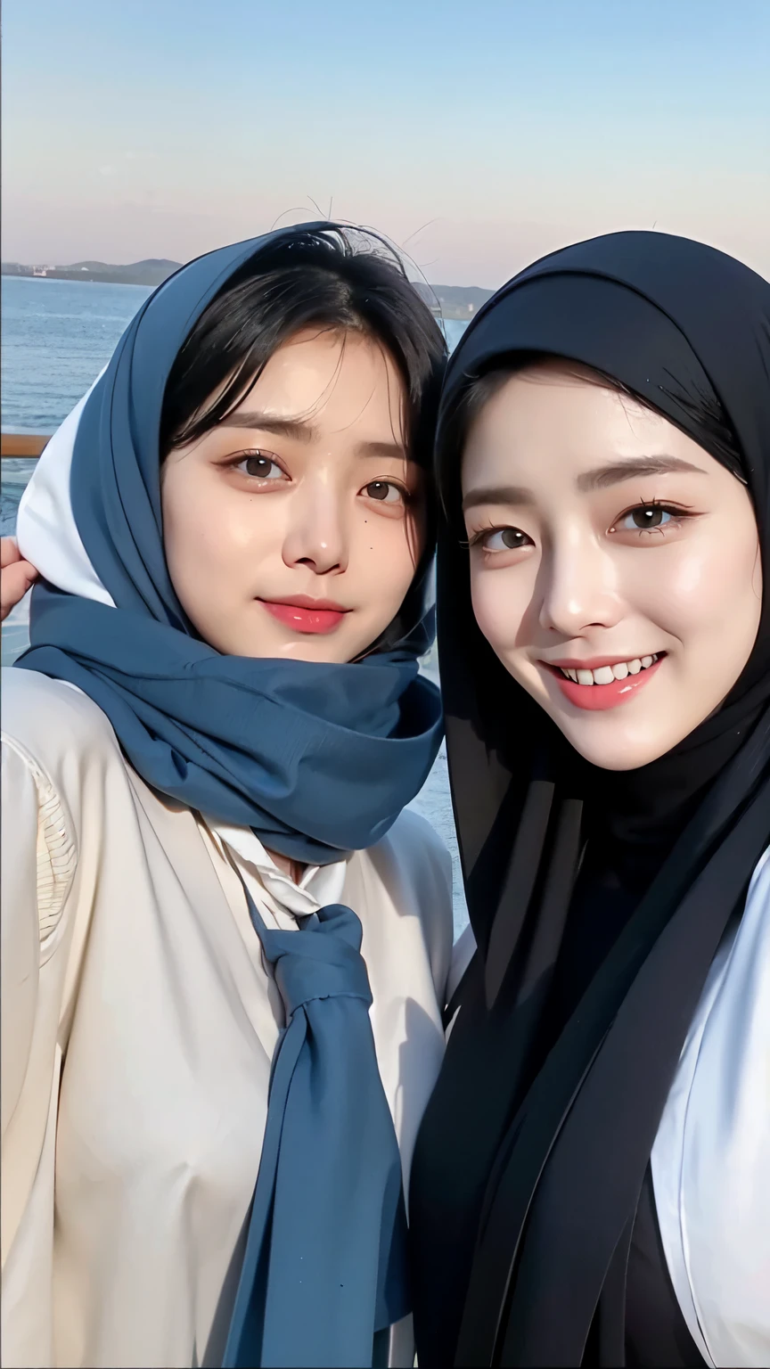 Three women in hijab blue collor, ((Best quality, 8k, Masterpiece :1.37)), (three women in hijab blue collor, smile), multiple people , three women in hijab blue collor, position:standing, (two finger hand style), (three women in hijab blue collor), beautiful face, Beautiful detailed eyes, Korean eyes, nose detail, Natural Lips, 18 year old girl, black hair, very detailed face, ultra detailed body, slim body, smiling lips, erotic girl body, detailed breasts, Wearing Muslim hijab blue , luxurious jubba thobbe, blue sky view, slim body, realistic face, three women wearing hijabs