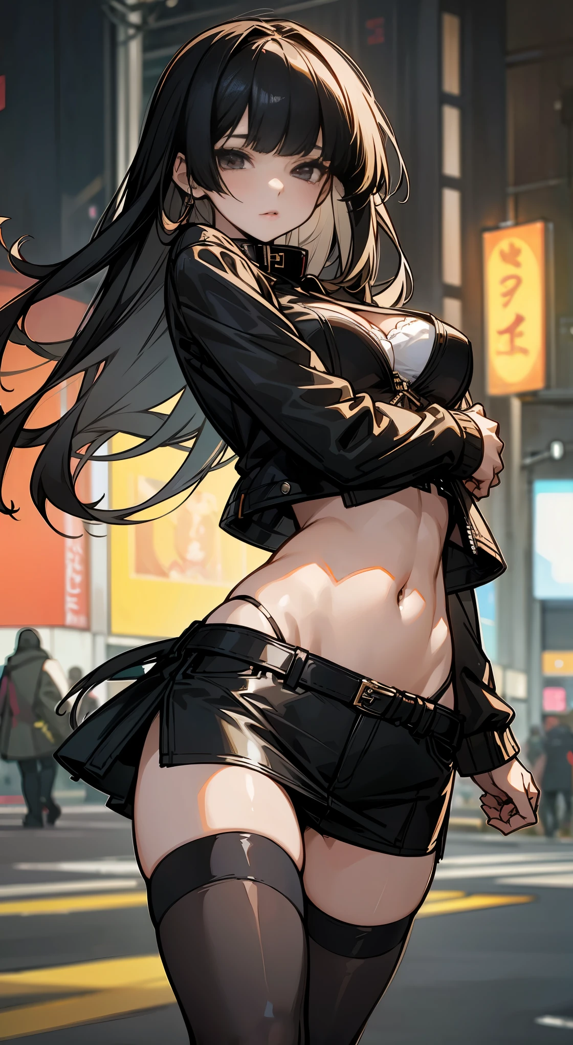masterpiece, best quality,extremely beautiful detailed anime face and eyes,extremely detailed illustrations,Perfect Anatomy, 1woman solo,20 year old beauty、black hair,long hair,blunt bangs,black eyes,slender body, ideal ratio body proportions,medium breasts,punk rock fashion、black leather jacket、white bra、Navel is visible、Black miniskirt、pleated skirt、thigh_gap, black_thighhighs,outdoor、bustling street、neon、Tokyo、