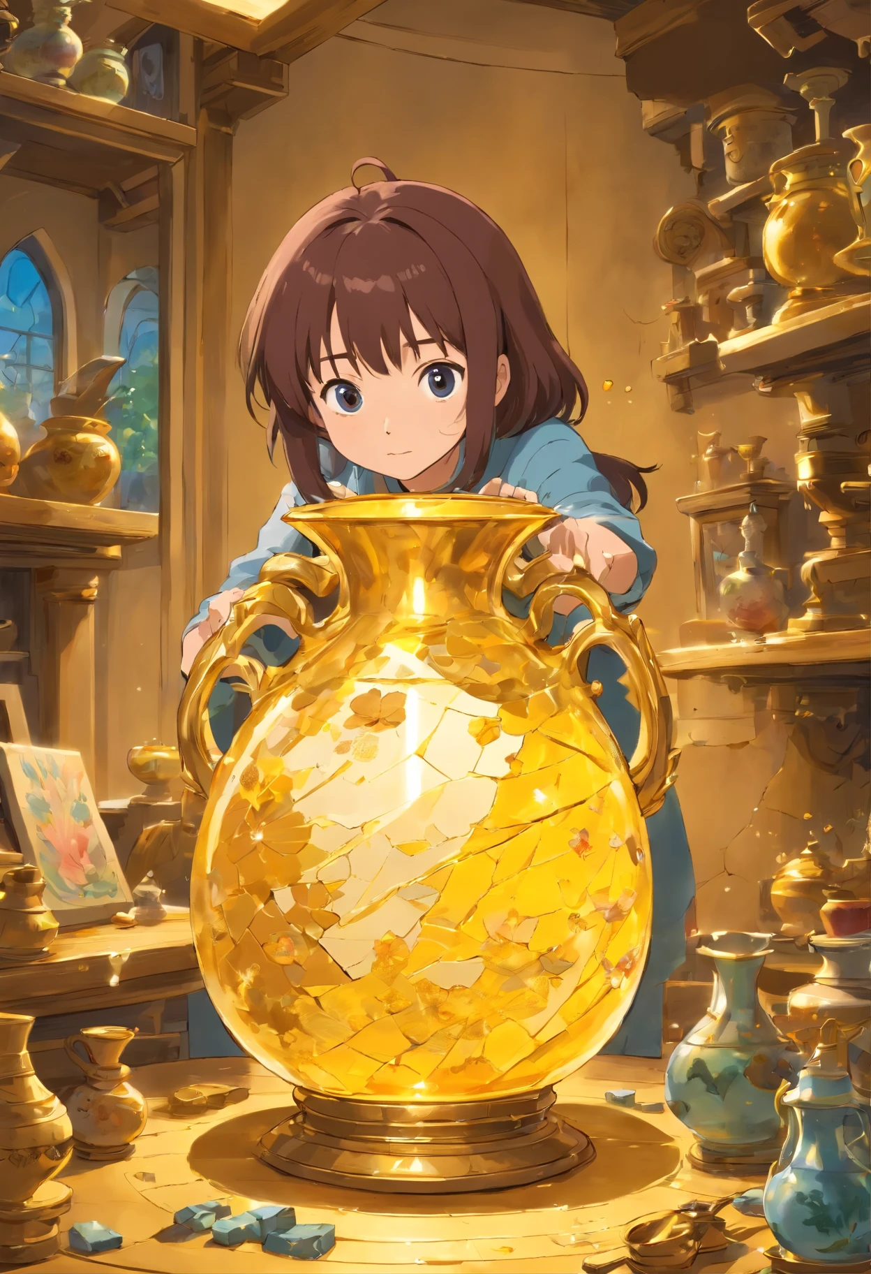 put an actual broken vase back together by gluing the pieces with liquid gold. like one person (she) focused on repairing the damage with care and attention.