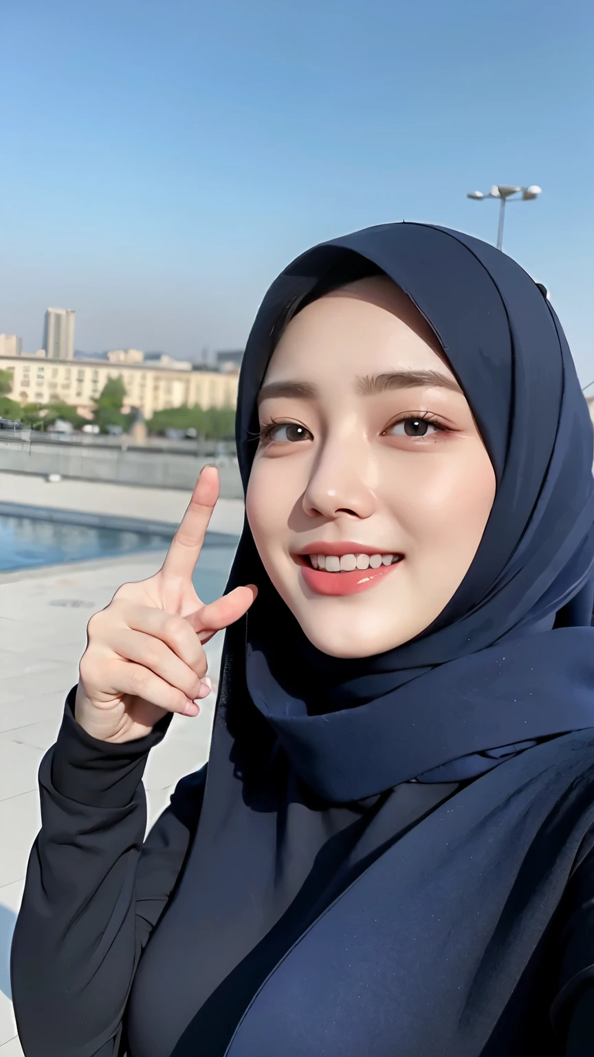 Three women in hijab blue collor, ((Best quality, 8k, Masterpiece :1.37)), (three women in hijab blue collor, smile), multiple people , three women in hijab blue collor, position:(two finger hand style), (three women in hijab blue collor), beautiful face, Beautiful detailed eyes, Korean eyes, nose detail, Natural Lips, 18 year old girl, black hair, very detailed face, ultra detailed body, slim body, smiling lips, erotic girl body, detailed breasts, Wearing Muslim hijab blue , luxurious jubba thobbe, blue sky view, slim body, realistic face, three women wearing hijabs