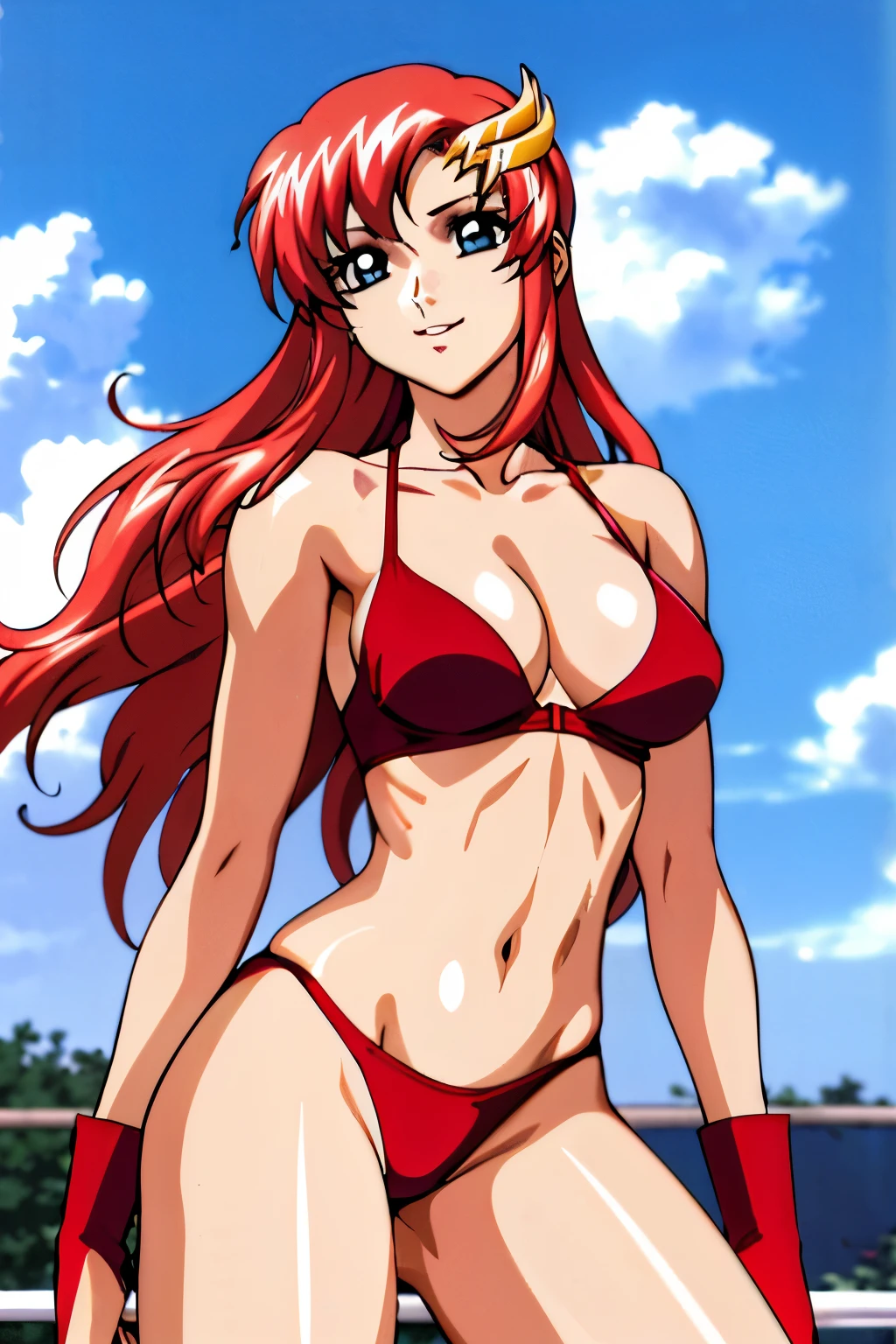 lacus4, (red bikini, red boots, arm band, groin, short gloves), (masterpiece, flexing arms , very slim shoulders, 4K, Best Quality, Anime style: 1.9, happy, Adult Woman, (ultra detailed head), (arena, cloud background), Drawing lines, high resolution, lacus4), 1girl, Solo, curvy figure, Long hair, 鎖骨, scapular, (Detailed wide hair bangs, Hair Ornament, Detailed reddish-pink hair, shiny streaks, slim arms, detailed golden crest), cleavage, large hands, (hair cover shoulders). (Big blue eyes, shiny eyes), ((female wrestler, (slim body), standing, slim arms)), ((perfect proportions, medium breasts, long belly)), ((totally red bra, neck band)), smile, (standing, hot colors), detailed fingers, (bare shoulders)