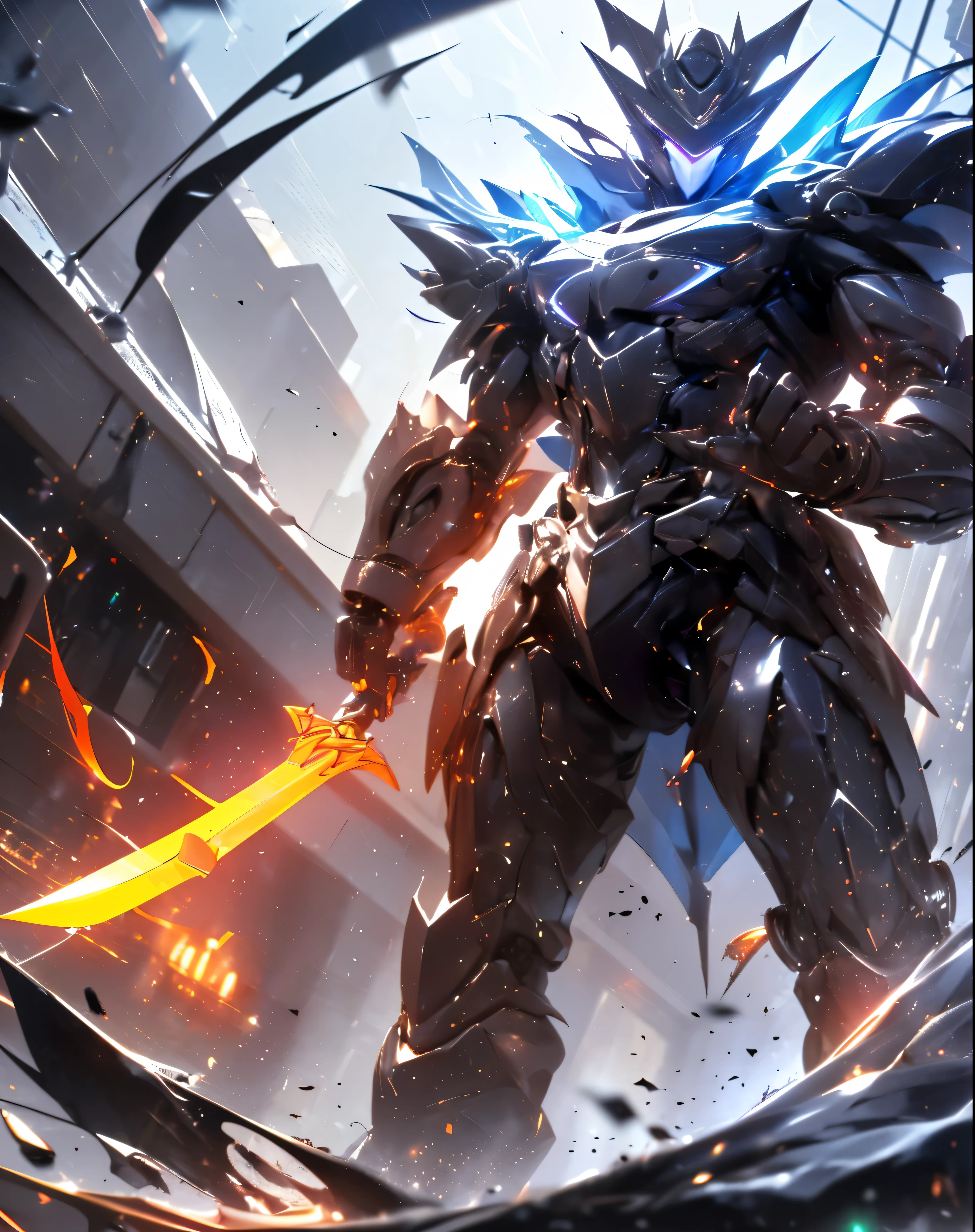 super wide shot, Full body photo of him giving a badass pose, (Masterpiece) , The best quality, High quality, (futurism:1.1), (Mech with a sword, Hellish, Silver and purple, 电影灯光, (Exquisite future),Dark and beautiful, Ultra detailed, great composition, Floating, Depth of field, (Very detailed CG,Unity 8k壁纸), (Beautiful detail background), dramatic lights, GOGETTA, Mecha Badass Hero screaming,best quality,超高分辨率,Photorealistic, (solo), (1man)