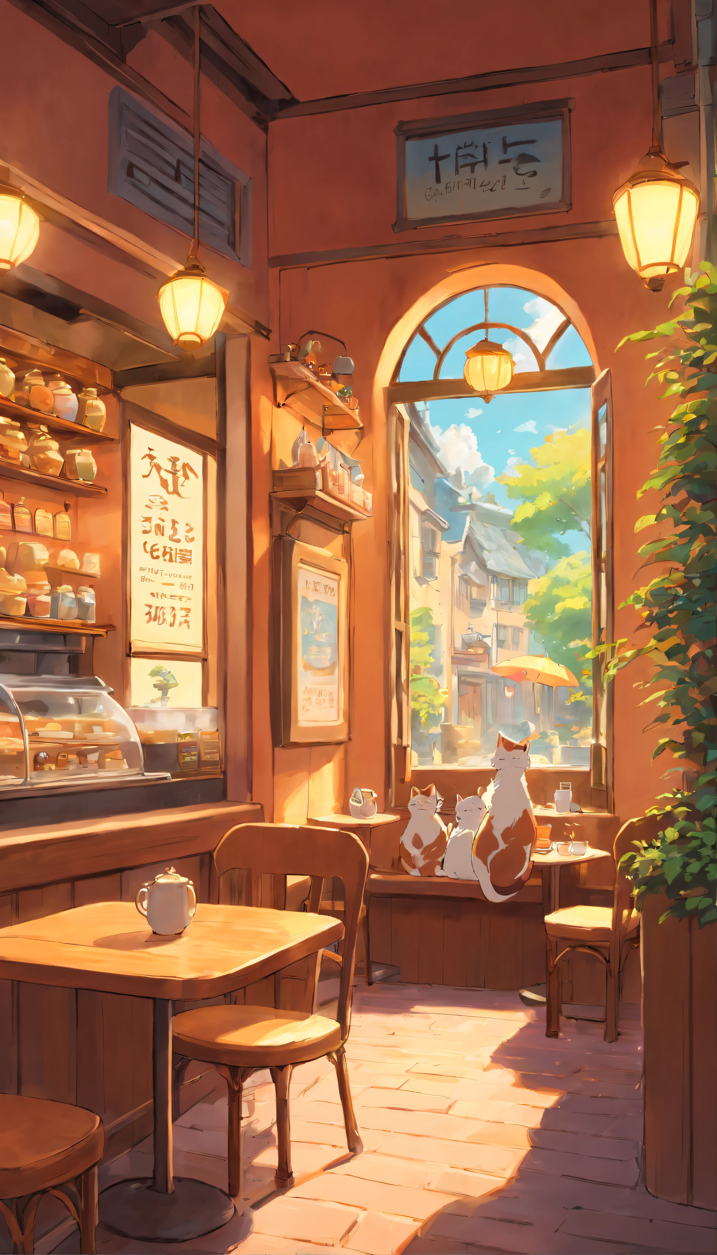 wallpaper, cafe ambiance, warm, small cat lazy, tone color film