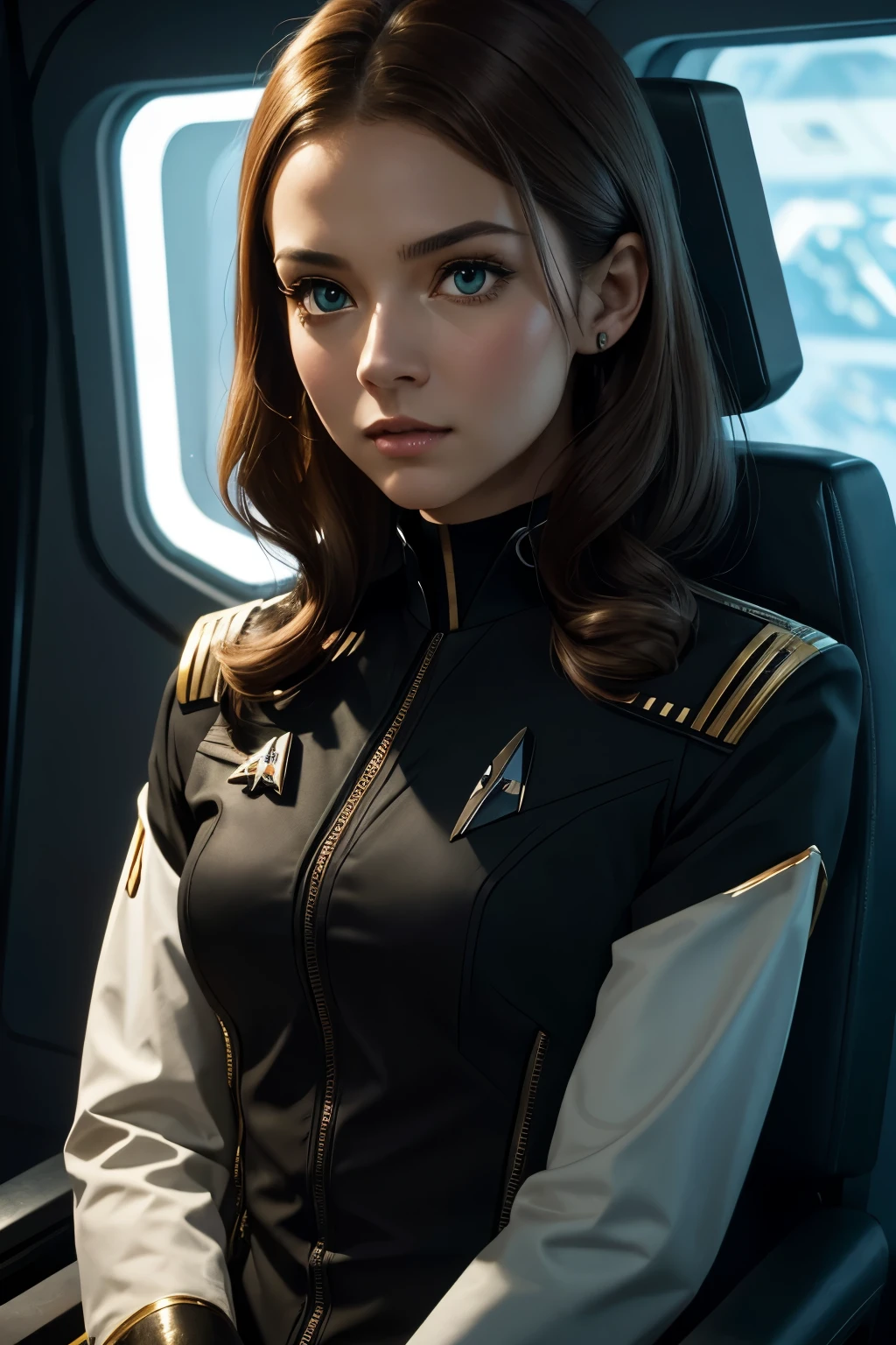 High Detail, Ultra Detail, 8K, Ultra High Resolution there are four cute and innocent girls, black hair, blonde hair, brown hair, red hair, green eyes, brown eyes, black eyes, say hello to first officer Leonard Nimoi (Spook in the star trek tv series) inside a spaceship, adding to the playful atmosphere, (masterpiece), the best quality, expressive eyes, perfect face, Star Trek style.
​(masterpiece), excellent quality, expressive eyes, perfect face