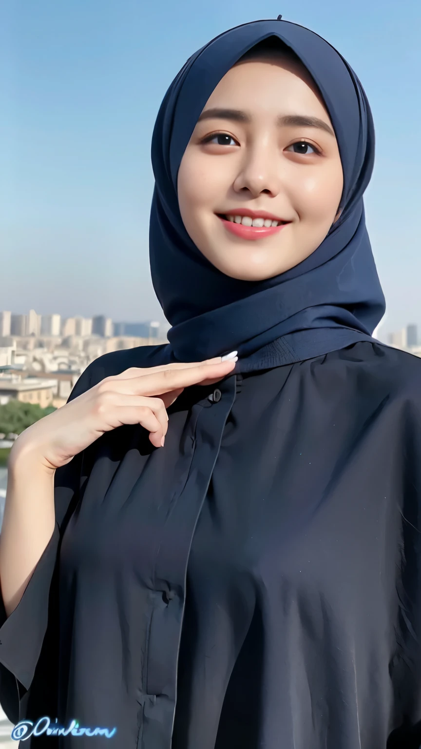 Three women in hijab blue collor, ((Best quality, 8k, Masterpiece :1.37)), (three women in hijab blue collor, smile), multiple people , three women in hijab blue collor, position:(two finger hand style), (three women in hijab blue collor), beautiful face, Beautiful detailed eyes, Korean eyes, nose detail, Natural Lips, 18 year old girl, black hair, very detailed face, ultra detailed body, slim body, smiling lips, erotic girl body, detailed breasts, Wearing Muslim hijab blue , luxurious jubba thobbe, blue sky view, slim body, realistic face, three women wearing hijabs