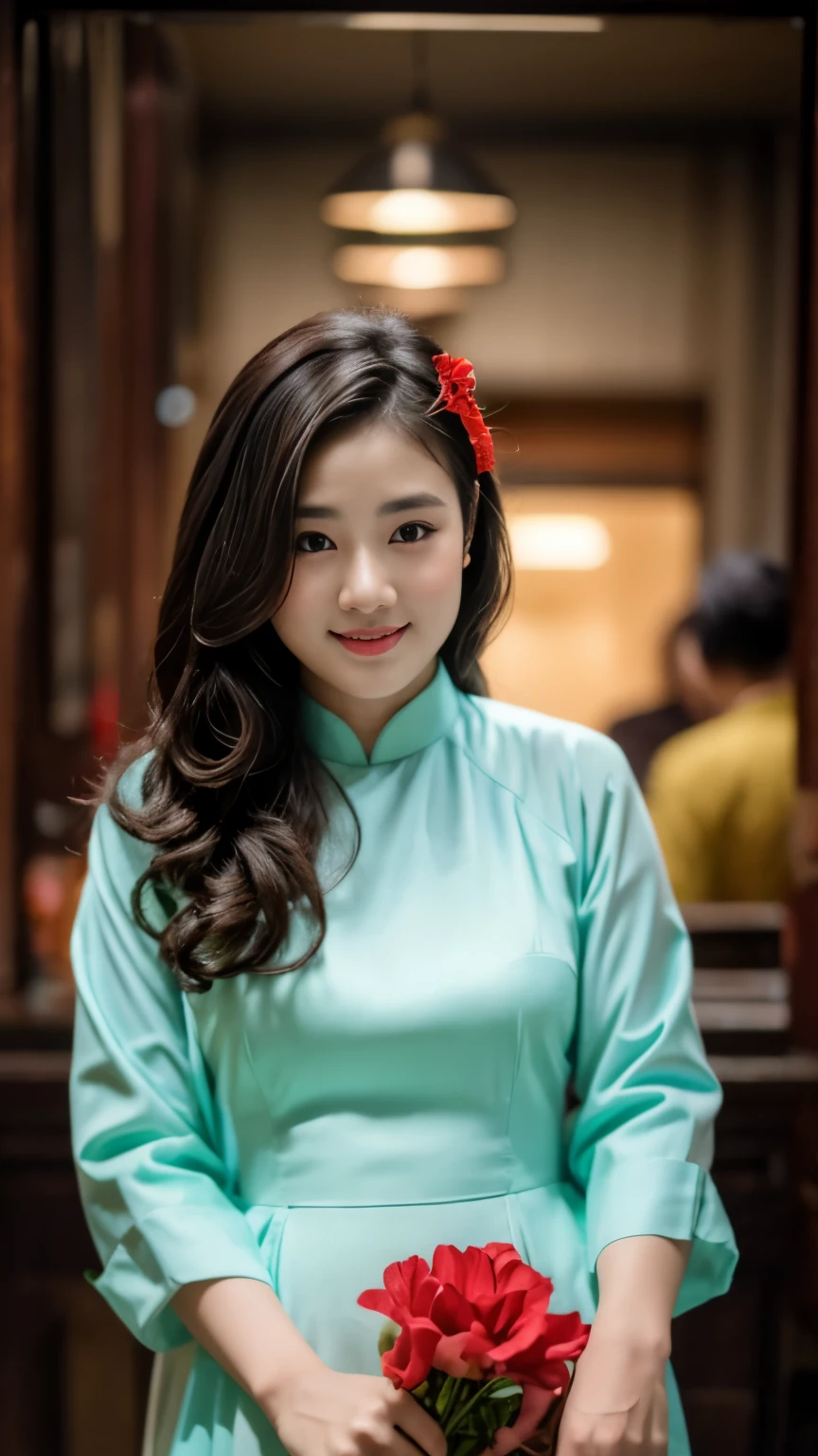 1girl, aodai red, photo art, (flower:1.2),a stunning photo with beautiful saturation, ultra high res,(realistic:1.4)),deep shadow,(best quality, masterpiece), pale skin, dimly lit, shade, flustered, blush, highly detailed, skinny, BREAK depth of field, film grain, wrinkled skin, looking at viewer, knee, warm smile, (full body:1.2), masterpiece,ultra realistic,32k,extremely detailed CG unity 8k wallpaper, best quality