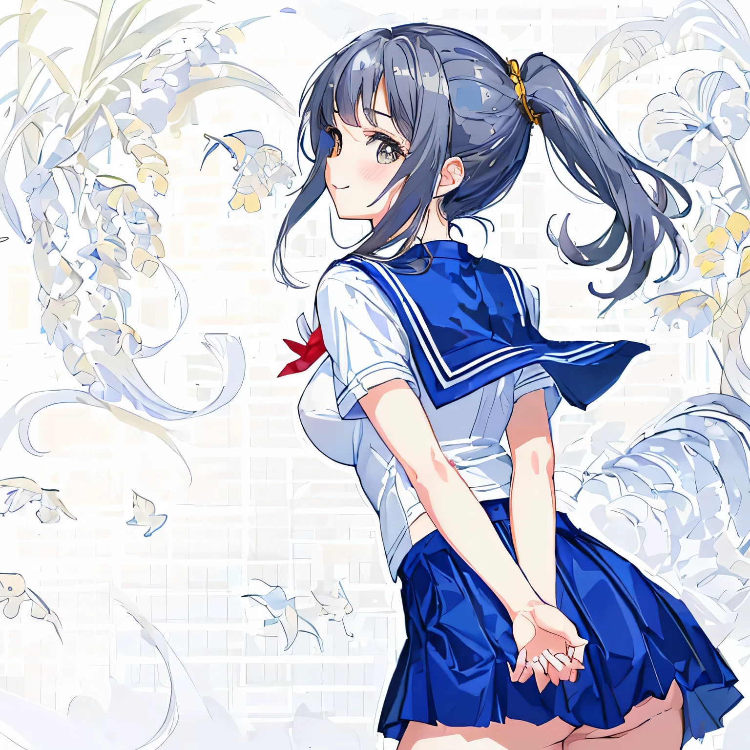white background,masterpiece, highest quality,figure,sailor suit,slanted eyes,straight hair,silver hair,side part,super dense skin,beautiful and fine eyes,short sleeve shirt,light brown eyes,(big breasts:1.1), (A raised and well-defined bust:1.1), (lifted chest:1.2), (perky chest :1.1),high school girl,please sit down,high socks,loafers,smile