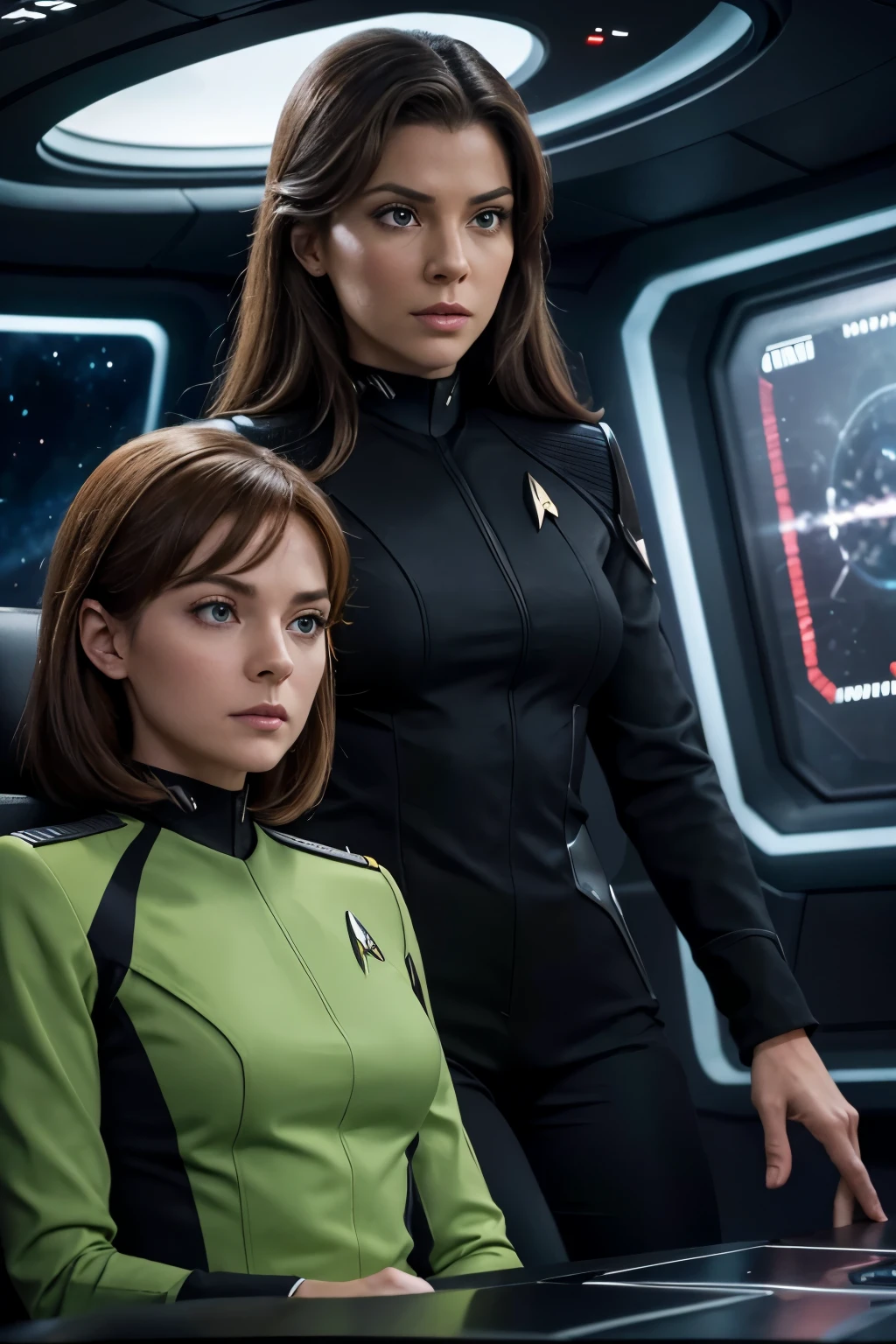 High Detail, Ultra Detail, 8K, Ultra High Resolution there are four cute and innocent girls, black hair, blonde hair, brown hair, red hair, green eyes, brown eyes, black eyes, say hello to first officer Leonard Nimoi (Spook in the star trek tv series) inside a spaceship, adding to the playful atmosphere, (masterpiece), the best quality, expressive eyes, perfect face, Star Trek style.
​(masterpiece), excellent quality, expressive eyes, perfect face