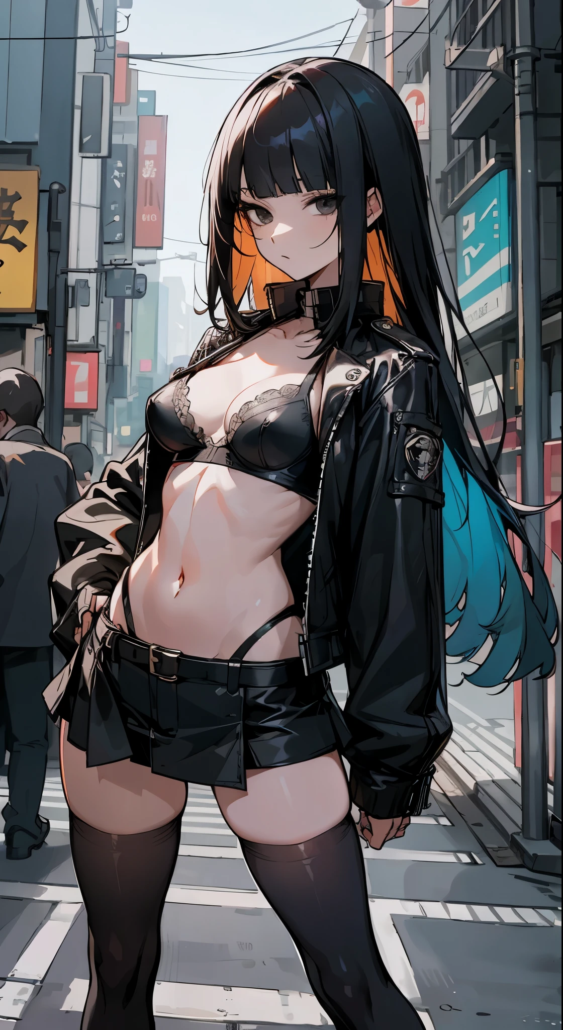 masterpiece, best quality,extremely beautiful detailed anime face and eyes,extremely detailed illustrations,Perfect Anatomy, 1woman solo,20 year old beauty、black hair,long hair,blunt bangs,black eyes,slender body, ideal ratio body proportions,medium breasts,punk rock fashion、black leather jacket、white bra、Navel is visible、Black miniskirt、pleated skirt、thigh_gap, black_thighhighs,outdoor、bustling street、neon、Tokyo、