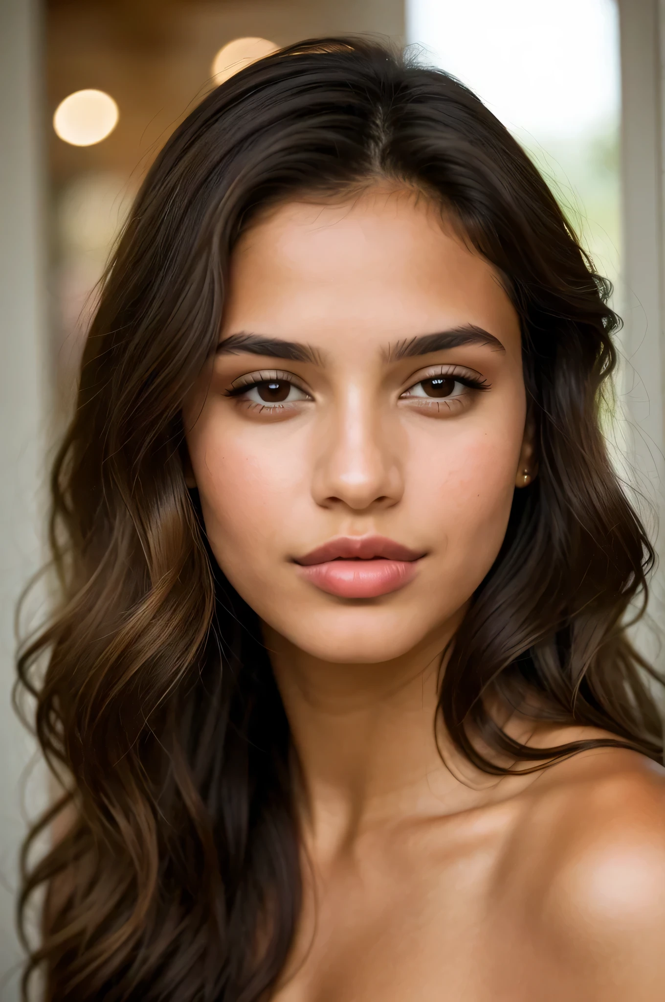 cute beautiful brunette hispanic, full body, perfect angle, very detailed, 22 years old, flirty face, messy long hair, brown eyes, high-res, masterpiece, best quality, intricate details, highly detailed, sharp focus, detailed skin, realistic skin texture, texture, detailed eyes, professional, 4k, smile, shot on Canon, 85mm, shallow depth of fiel, kodak vision color, eye shadow, extremely detailed, photo_\(ultra\), photorealistic, realistic, post-processing, max detail, roughness, real life, ultra realistic, photorealism, photography, 8k uhd, photography, braless, pokies