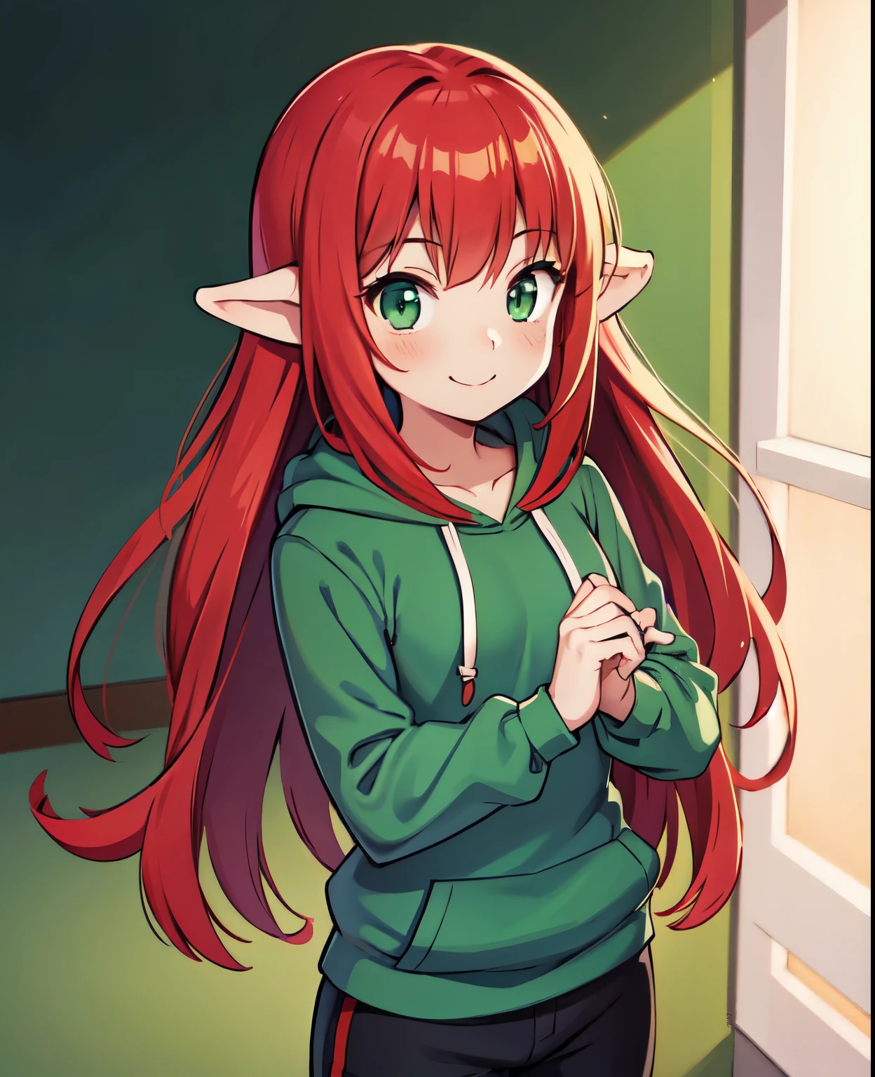 Pygmy   gentle expression(smile) Red hair(long hair) green eyes clothes(hoodie) pants(half pants)