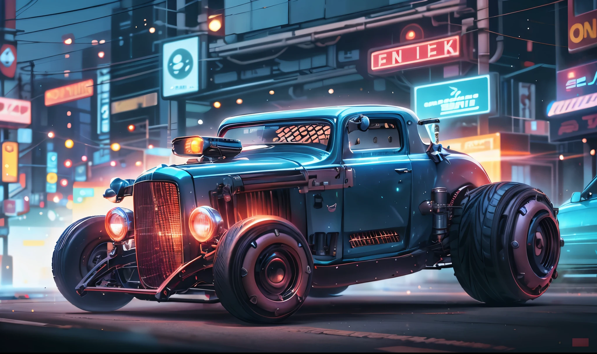 obra de arte, melhor qualidade, Sci Fi Hot Rod, cidade futurista, illuminated by neon lights, Uma silhueta intrigante de um carro futurista Hot Rod se move pela rua, A powerful engine reveals itself eerily beyond the landscape of skycrappers and techno holograms, The car is out of this world, altamente detalhado, Impressionante, direito fora do filme, carro ciberpunk, neon colors, Movie poster