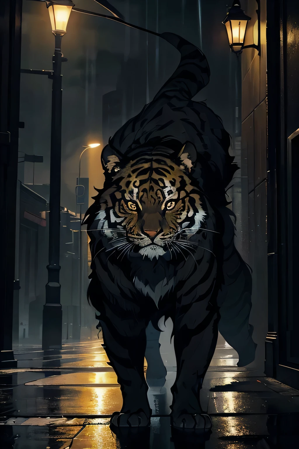 (masterpiece), (best quality), (ultra-detailed), un tigre en manteau de détective, ville de coureur de lame pluvieuse, rain-drenched, streetlight, (dark mood), (vibrant coat), (sleek), (ferocious expression), (eyes gleaming), (caught in action), (dynamic pose).