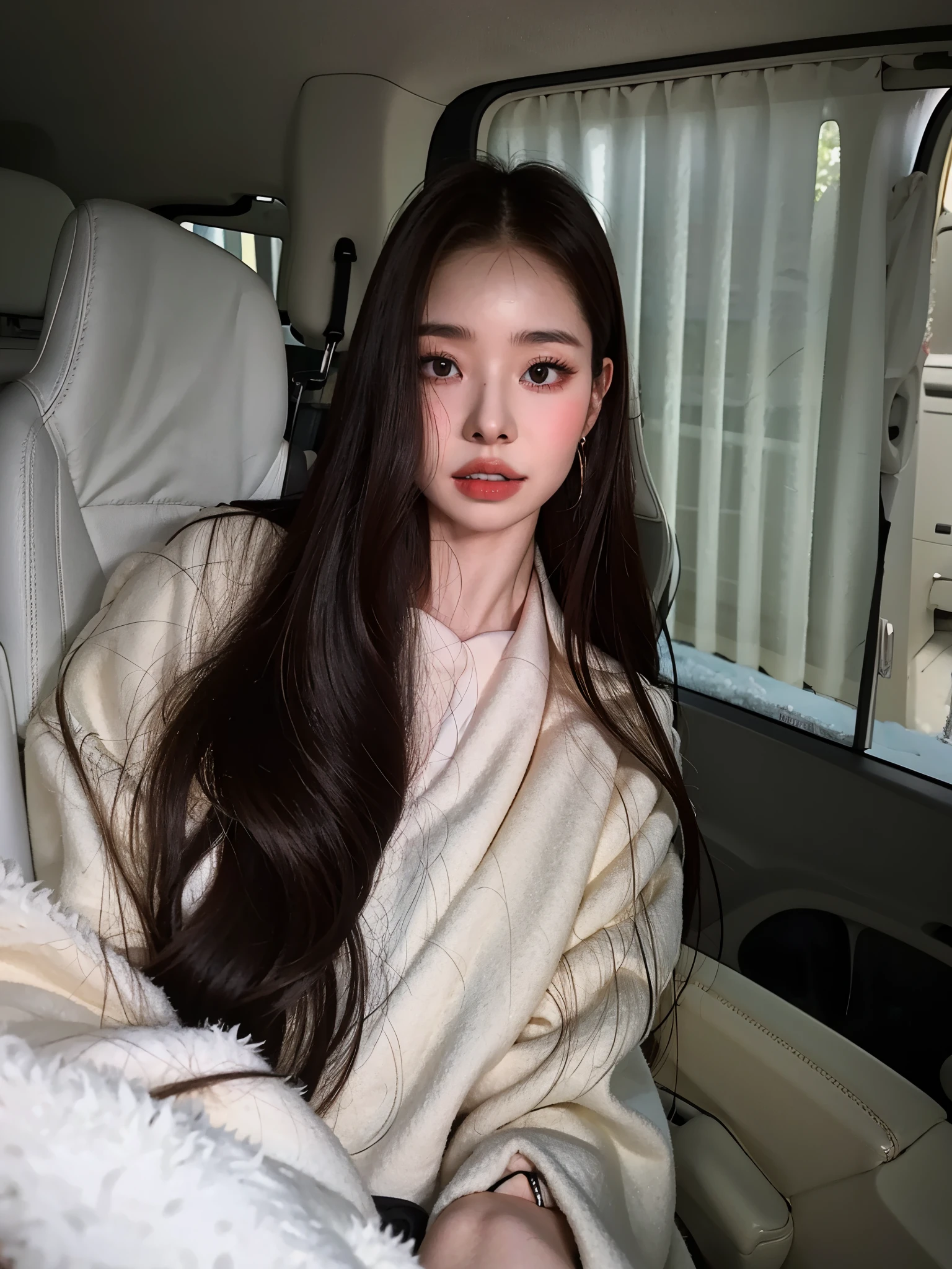 Chica araffe con el pelo largo y rubio cenizo sentada en un coche., ulzzang, con cabello largo, Jinyoung Shin, cruel korean gothic girl, muchacha coreana, jaeyeon nam, portrait of jossi de blackpink, con cabello largo and piercing eyes, peinado de corte hime blanco, pale, snow-white skin, jennie rosa negro, very long snow colored hair, jossi de blackpink