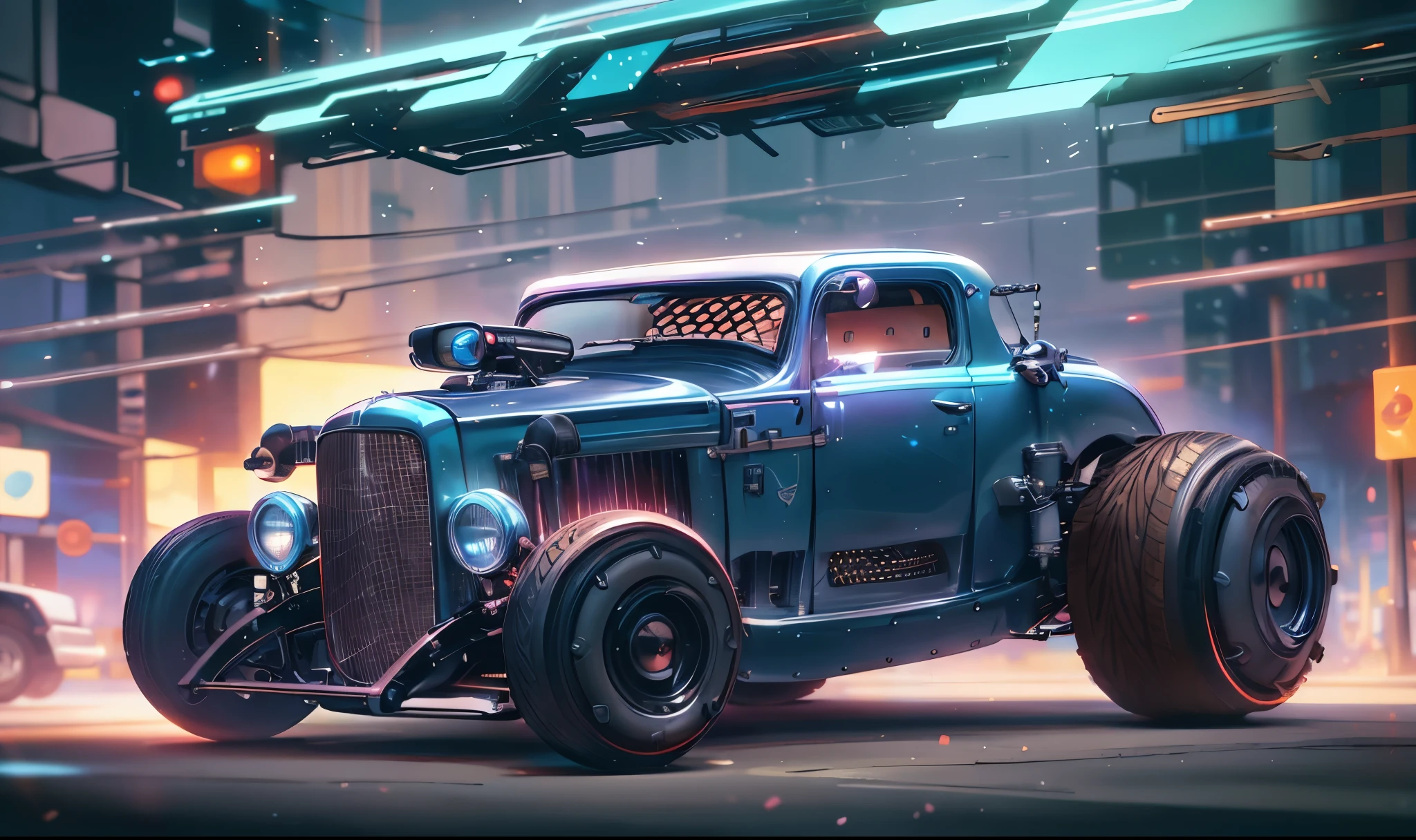 obra de arte, melhor qualidade, Sci Fi Hot Rod, cidade futurista, illuminated by neon lights, Uma silhueta intrigante de um carro futurista Hot Rod se move pela rua, A powerful engine reveals itself eerily beyond the landscape of skycrappers and techno holograms, The car is out of this world, altamente detalhado, Impressionante, direito fora do filme, carro ciberpunk, neon colors, Movie poster