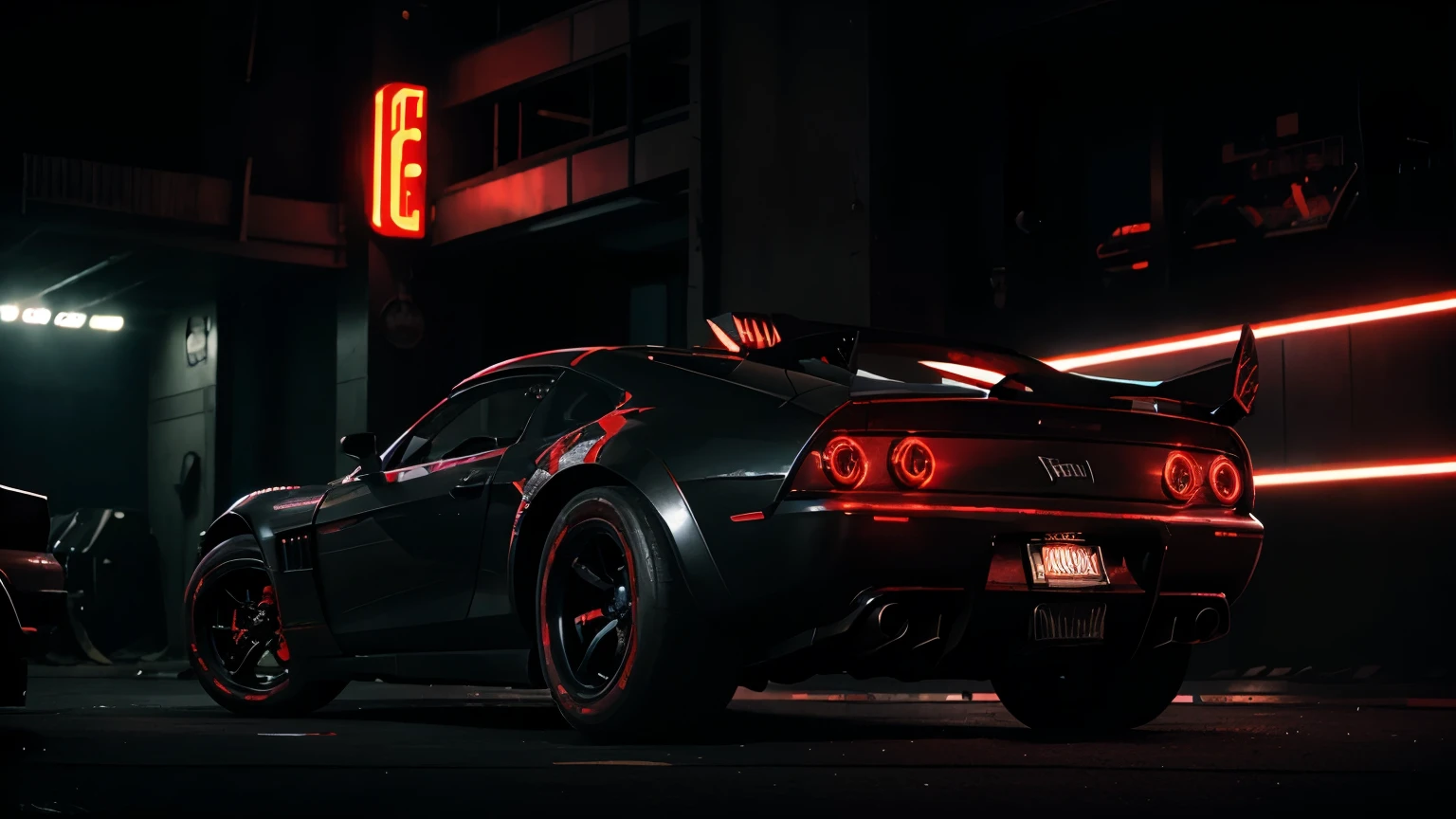 futuristic racing batmobile car in gothic style with red neon lights under the chassis, flaming skull on the hood, machine guns and nitrous in cyberpunk city