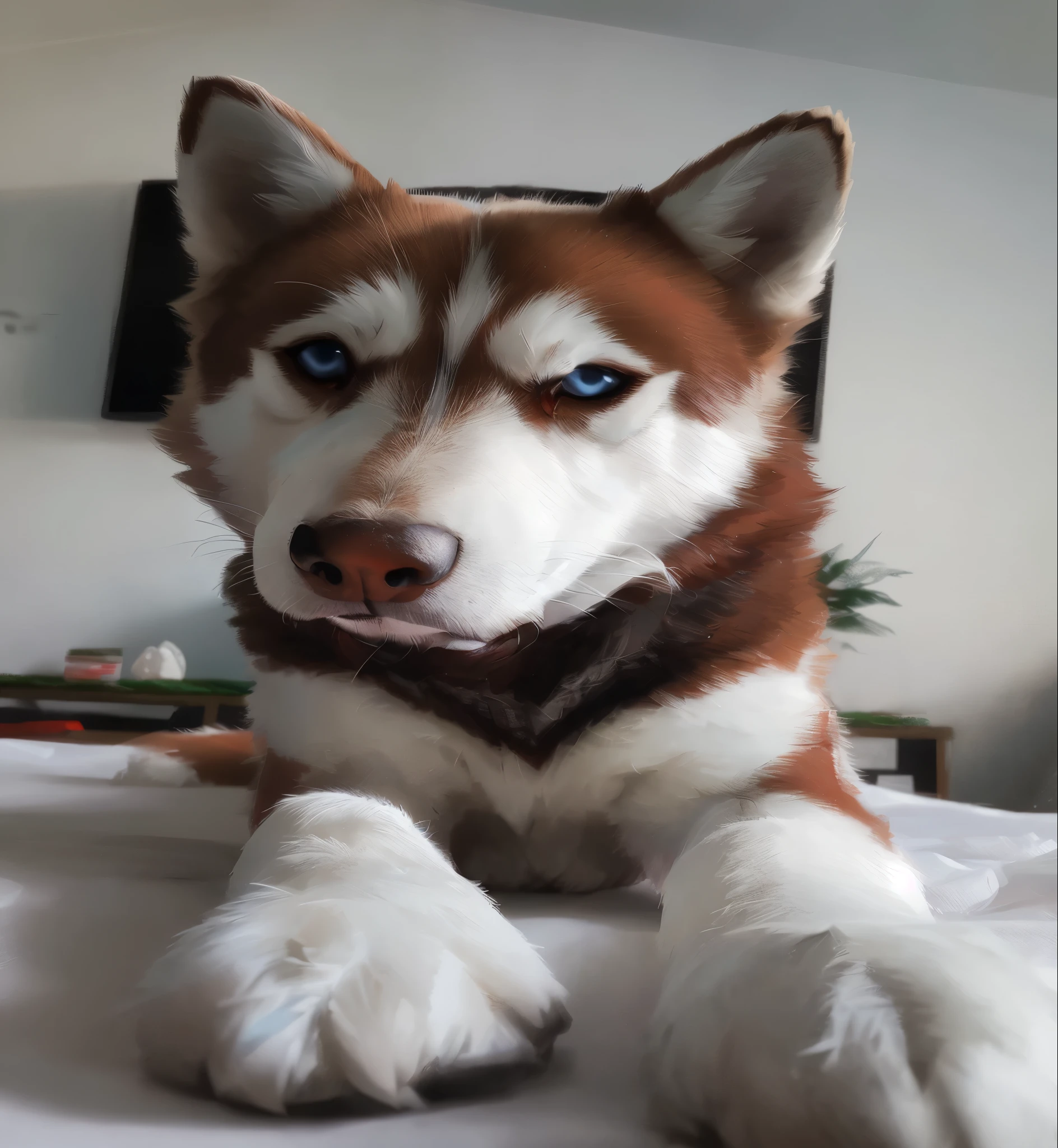 Sexy Posing, male, 30 years old, cute, eyeliner, short black hair, mouth hanging open with tongue out, blue shirt, bedroom eyes, anthro, dog ears,husky dog, front yard background, 8k, hi res, (best quality, masterpiece), blue eyes, lying down on the grass, husky tail, black jeans