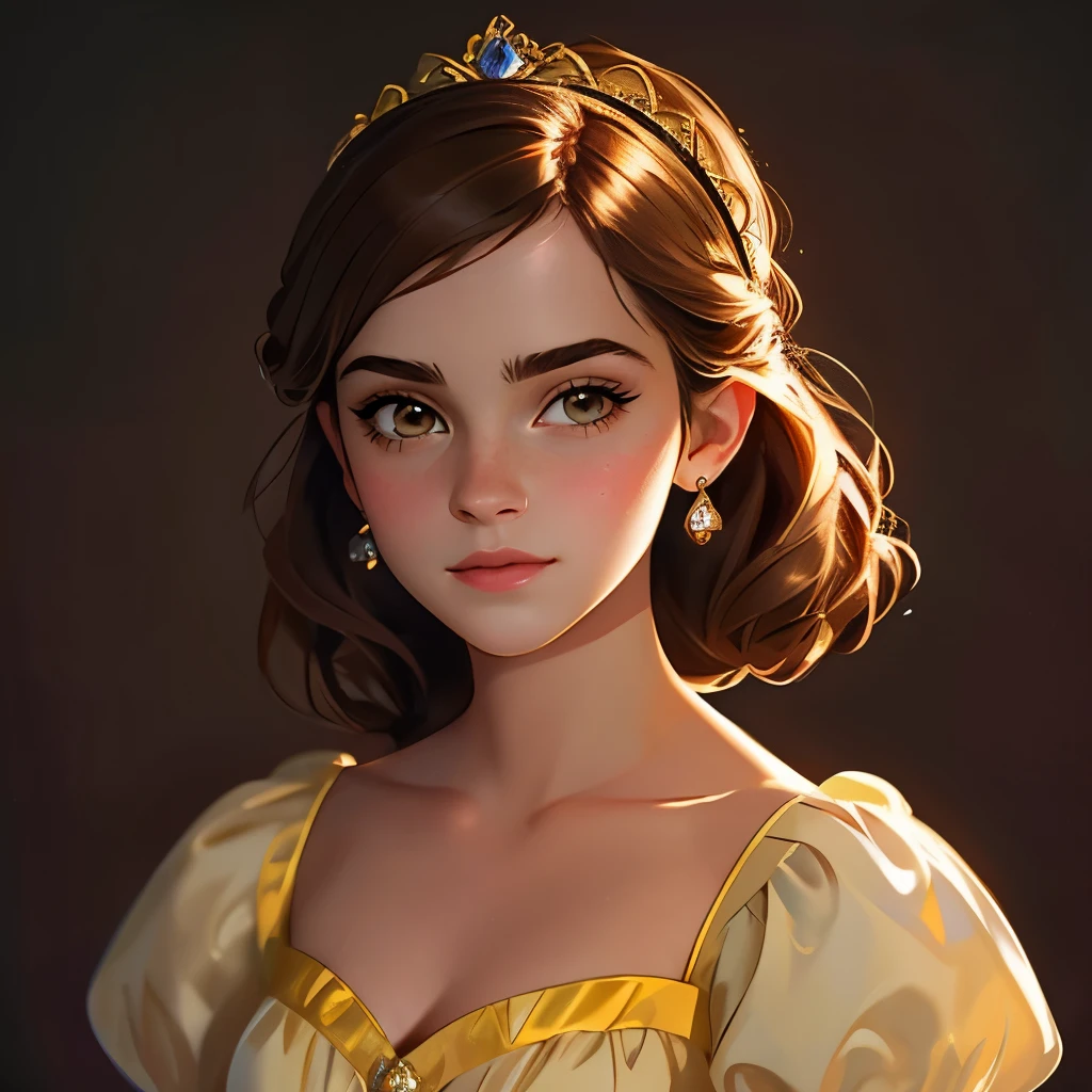 (princess),emma watson, belle from beauty and the beast,disney style,cute girl,full shot body, most beautiful artwork in the world, professional majestic oil painting, trending on ArtStation, trending on CGSociety, Intricate, High Detail, Sharp focus, sharp image,hd, realistic reflects,dramatic, photorealistic painting art, catoonized, pinterest,