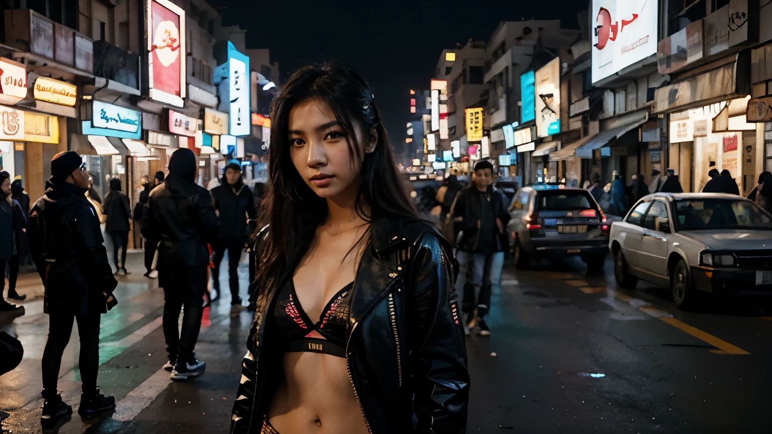 Asian model on the street of arabic city in cyberpunk style, androids and drones, neons