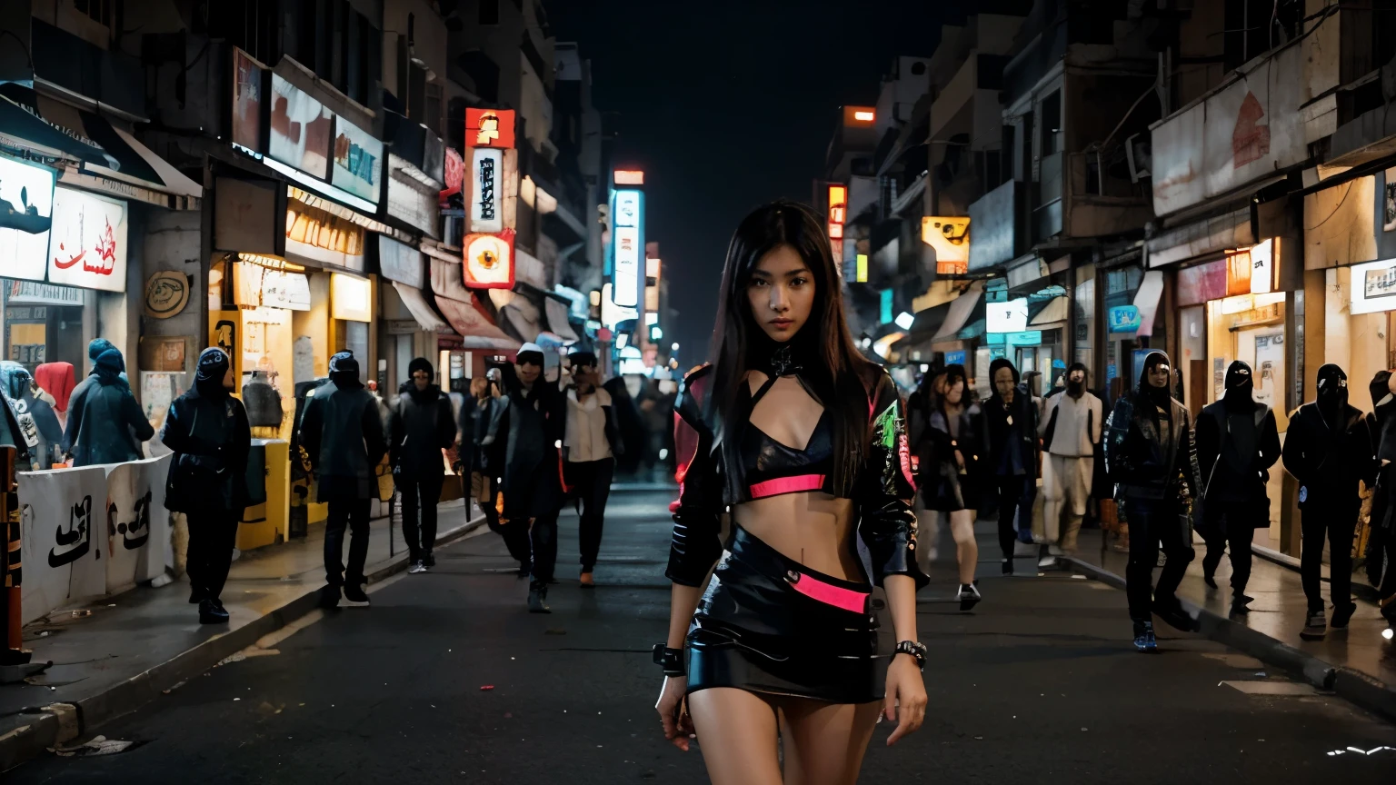 Asian model on the street of arabic city in cyberpunk style, androids and drones, neons