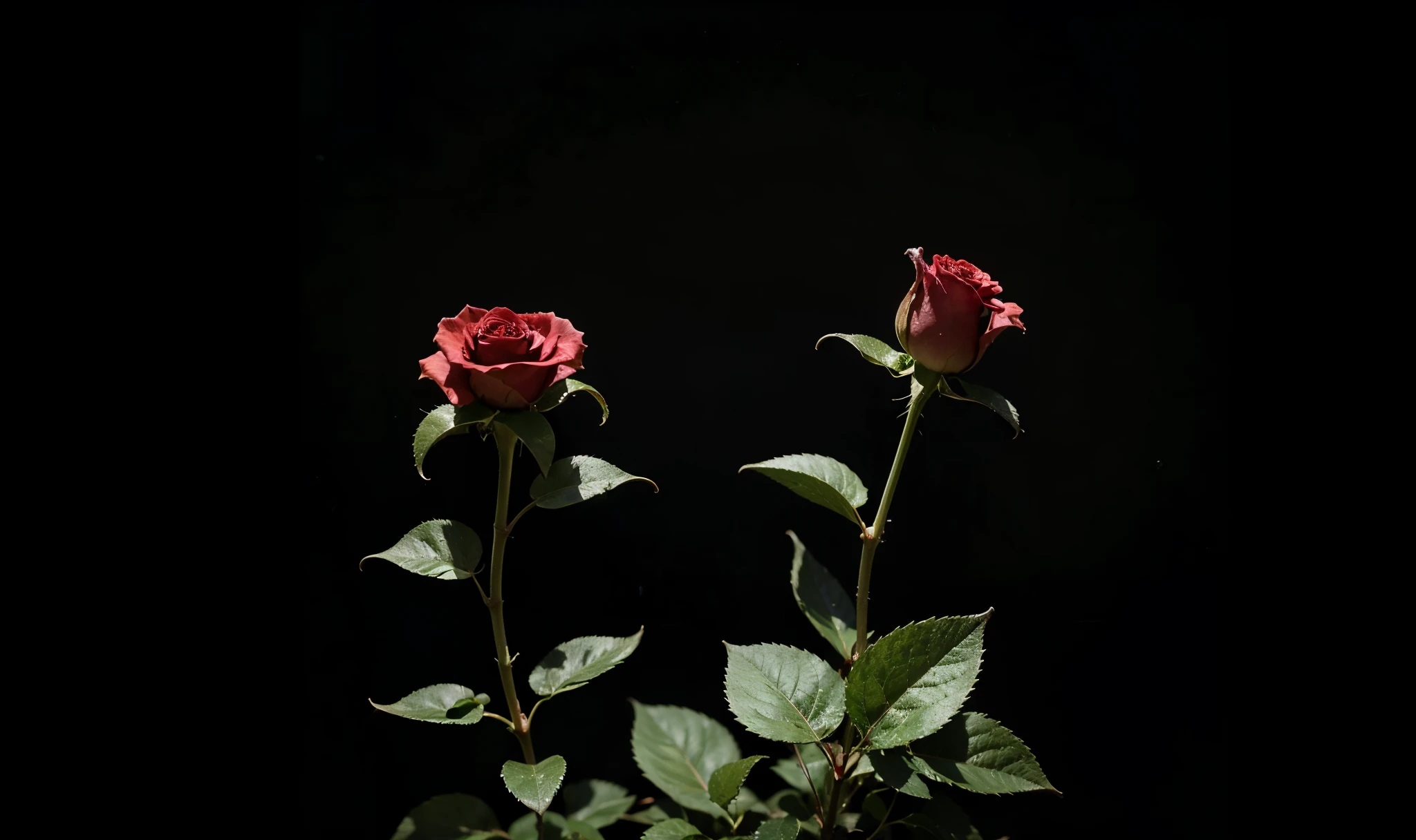 one small rose with leaves from no light emanating on a black background. There are no people in the picture. 