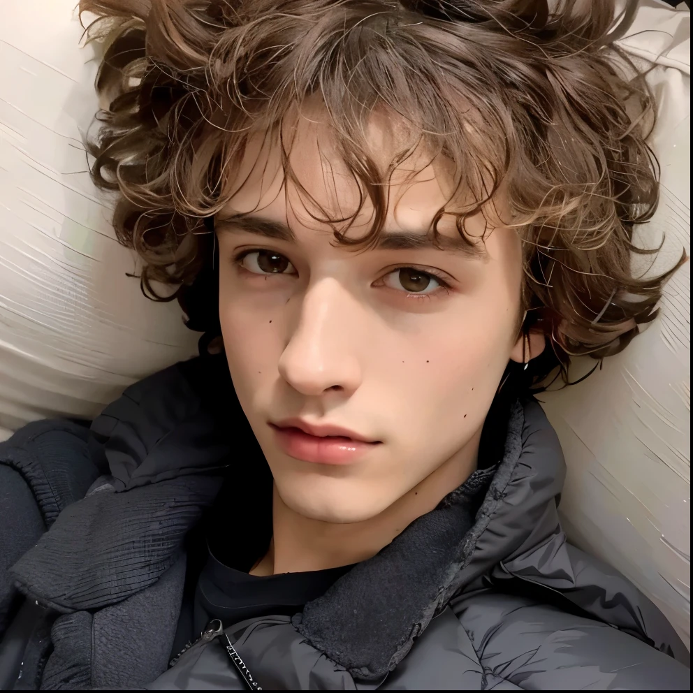 Arafed young man with curly hair lying on a sofa., portrait of timothy chalamet, timothy chalamet, tommy 1 6 , he has short curly brown hair, Finn Wolfhard, Retrato suave 8 K, sonrisa relajada en la cara, looking intensely at the camera, taken in the early 2020s, con nariz fina