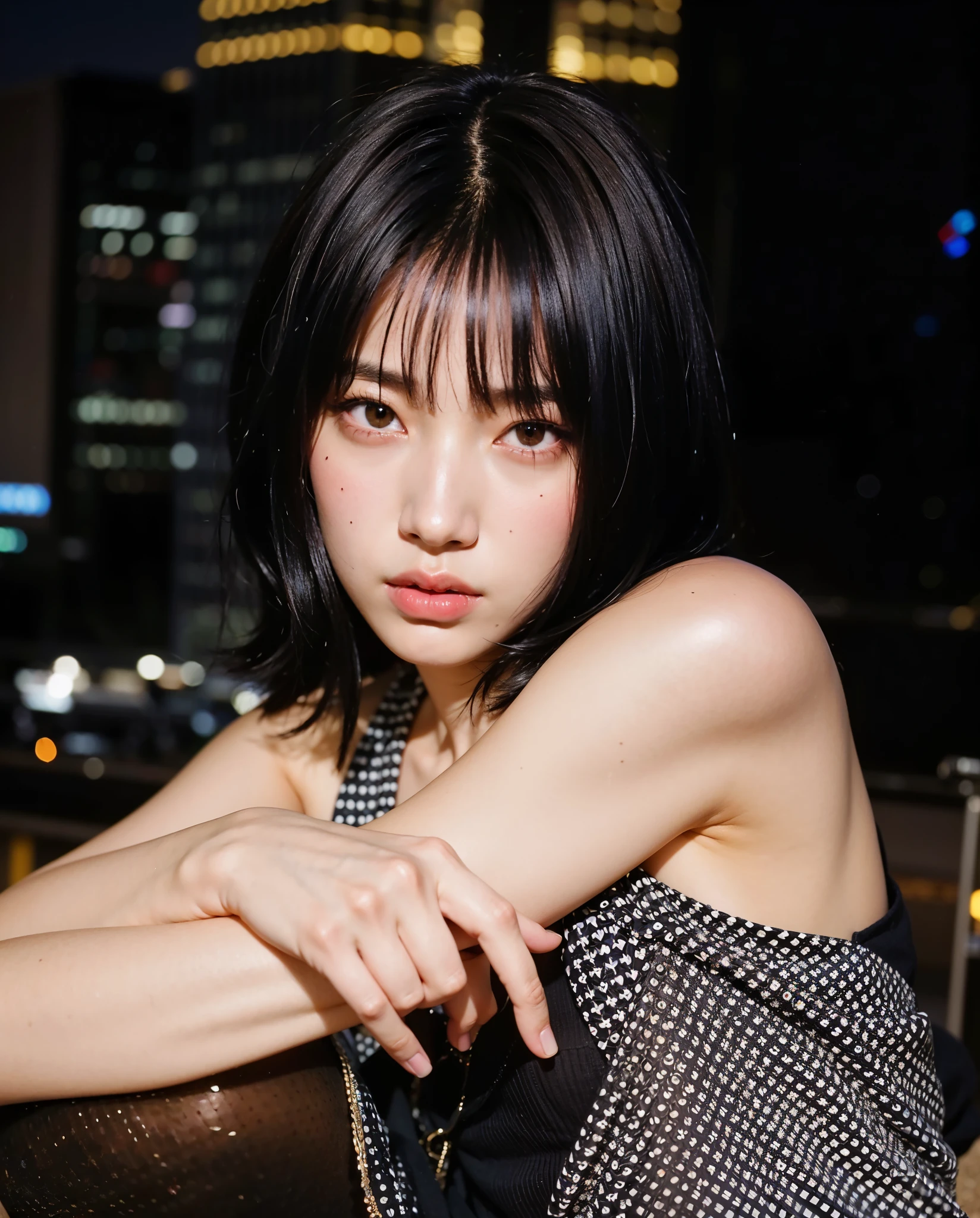 (highest quality, 8k, 32k, masterpiece, Ultra-high resolution:1.2),Beautiful Japanese Women Photos, 1 person, Glowing Skin, Glittering earrings, glamorous, Charm, Exposing shoulders, Sheer silk lace crop top, Tight Skirt, Shallow depth of field, Professional models, Look forward, Overbyte、Half-open mouth、blush:2.5、Small breasts、Random hairstyles for short hair、Black Hair、close up face、Portrait、Teeth are visible、Wide mouth、Droopy eyes、round face、Multiple moles、Fair skin、A lively 18-year-old、Brown eyes、Big smile、The gesture of pulling up the hair、I can see the side、Distant eyes、Round Nose