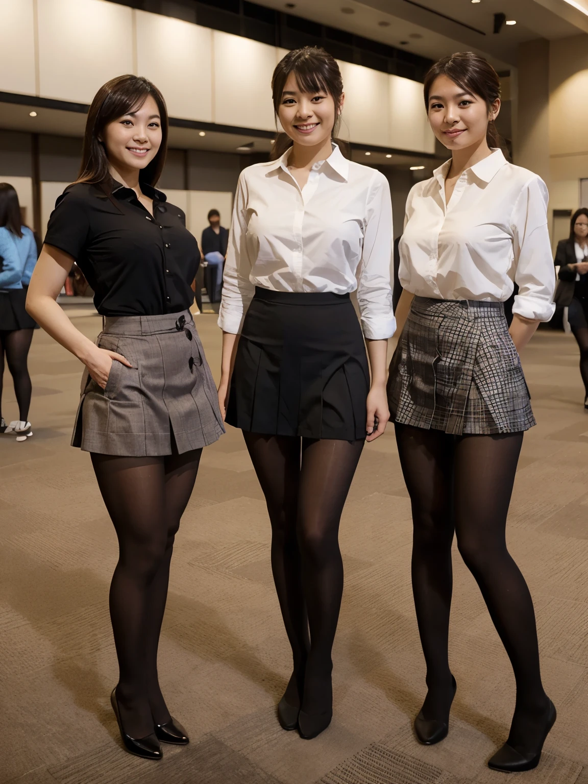 photo image, shots entire body, feet in view, 3 gorgeous Japanese women, skinny bodies, big tits, wearing professional attire, skirts, tight button shirts, tights, no shoes, convention center, smiling, posing for picture, standing