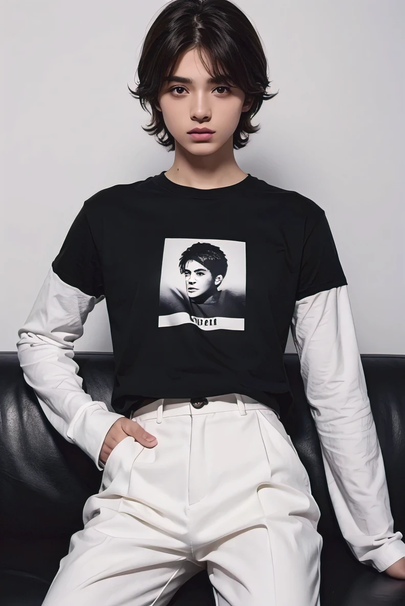 8k rtrato de un chico pelo color blanco liso con una camiseta negra con una chaqueta de cuadros pantalon negro sentado en un sofa