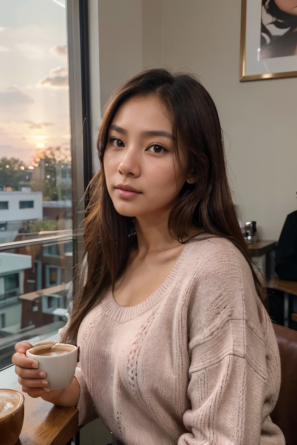 photorealistic, sharp focus, raw amateur photo, beautiful 25 yo asian woman, long brown hair, detailed skin texture & visible skin pores, (goosebumbs:0.7), skin blemish, looking at viewer, face focus, taken with mobile camera, wearing pink sweater (sipping coffee inside a modern café at sunset), very realistic