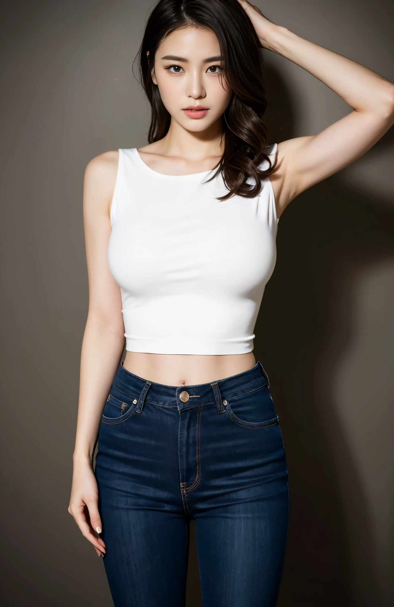 ノーリーブの白いニットを着用、((highest quality, 8K, masterpiece :1.3)), whole body, long legs, woman with perfect figure :1.4, thin abs :1.1, ((dark brown hair, huge breasts :1.2)),Super detailed face and skin、white background、heavy makeup、look at the camera