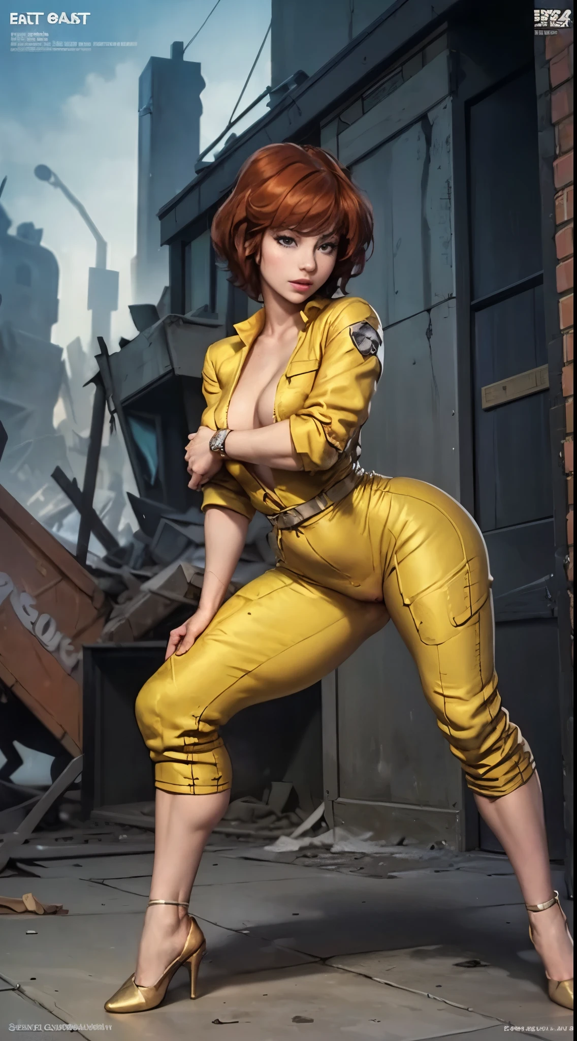 masterpiece, (1girl), extremely detailed female character, full body shot, best quality, dnd, dungeons and dragons, (april oneil, tmnt), (small, cute, tiny, thick, athletic), (aprnil, a woman in yellow jumpsuit, short red hair, cutout), (magazine title, text), (magazine:1.3), modern era, 80s clothes, anime style, (destroyed town background, erotic pose:1.5), (nsfw:0.75)