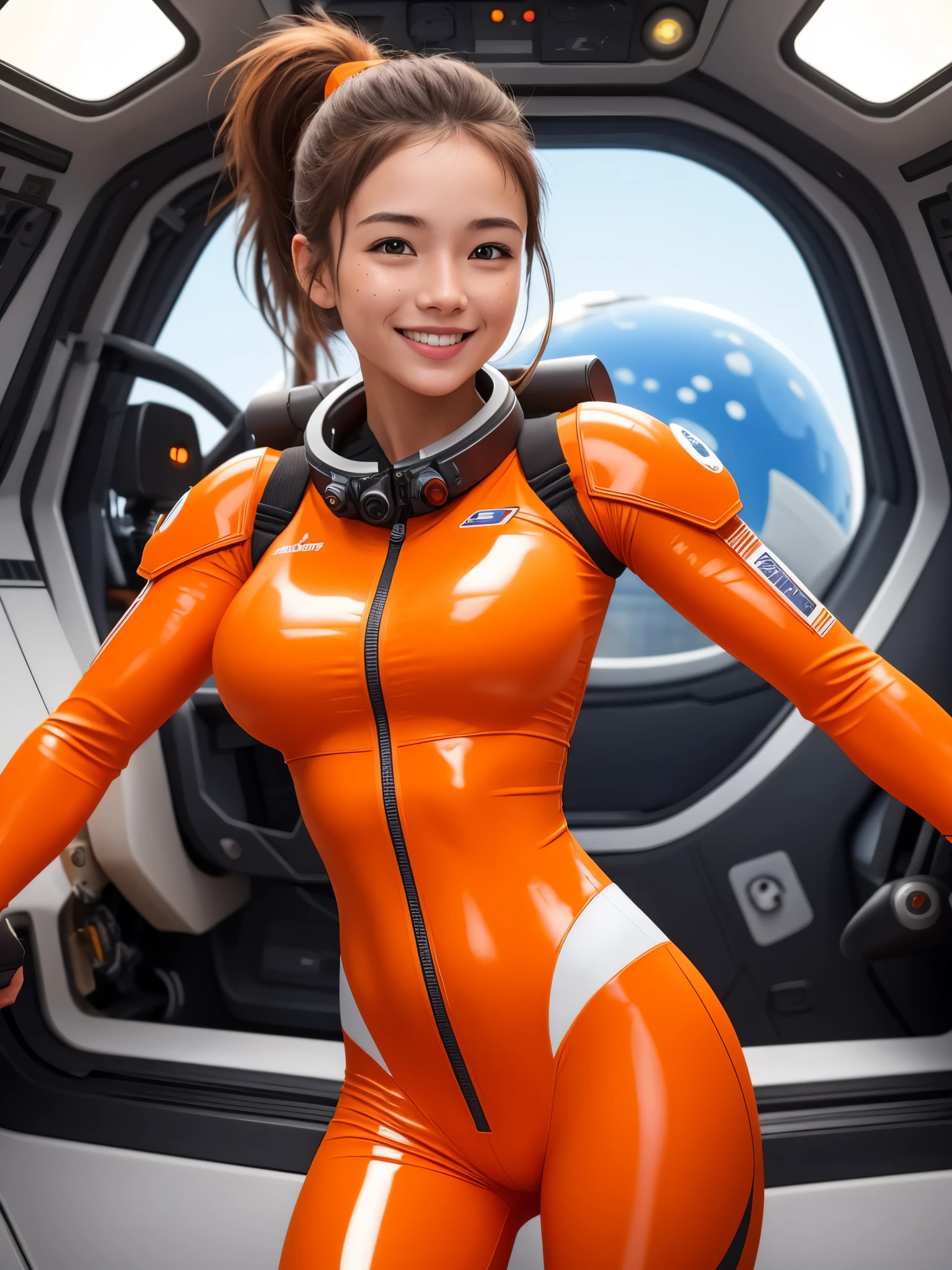 8K, Best quality, Real picture, Intricate details, Ultra-detailed, A high resolution, Depth field,(Photorealistic,Realistic:1.2),masterpiece , straight shot , From middle , 1girl in, an extremely beautiful 17-year-old french girl, mature looking, perfect glossy shiny skins, Flawless skin, Fair skin, Huge round breasts, Narrow waist, Light blush, Solo, view the viewer, light smile, Smile face, fighter pilot in front of a spaceship, wearing a heavy fireproof orange and white fighter pilot outfit outside of a spaceship, Smile face, angle of view, rough face, freckles, ponytail, fit body, standing, cyberpunk style, apparent breasts, we can see her big round breasts
