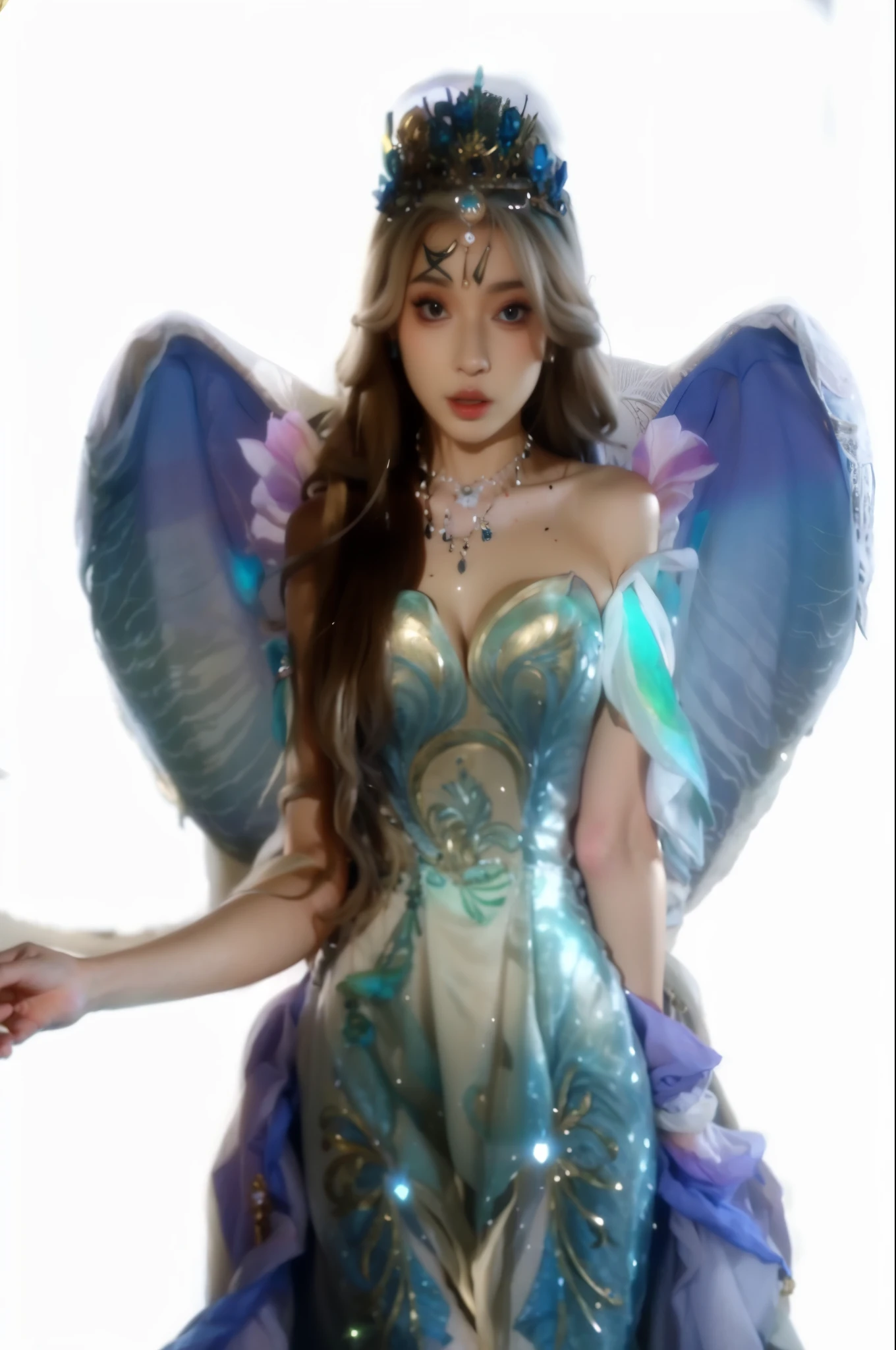 Araffe vestida con un traje de sirena con alas y un collar., fantasy dress, traje de alta calidad, hada, fantasy costume, Lalisa Manobal, hadacore, young pale angel, fantasy photoshoot, hadalike, beautiful adult hada, Seraphine Ahri Kda, con alas reales, hada, ethereal wings, con hermosas alas