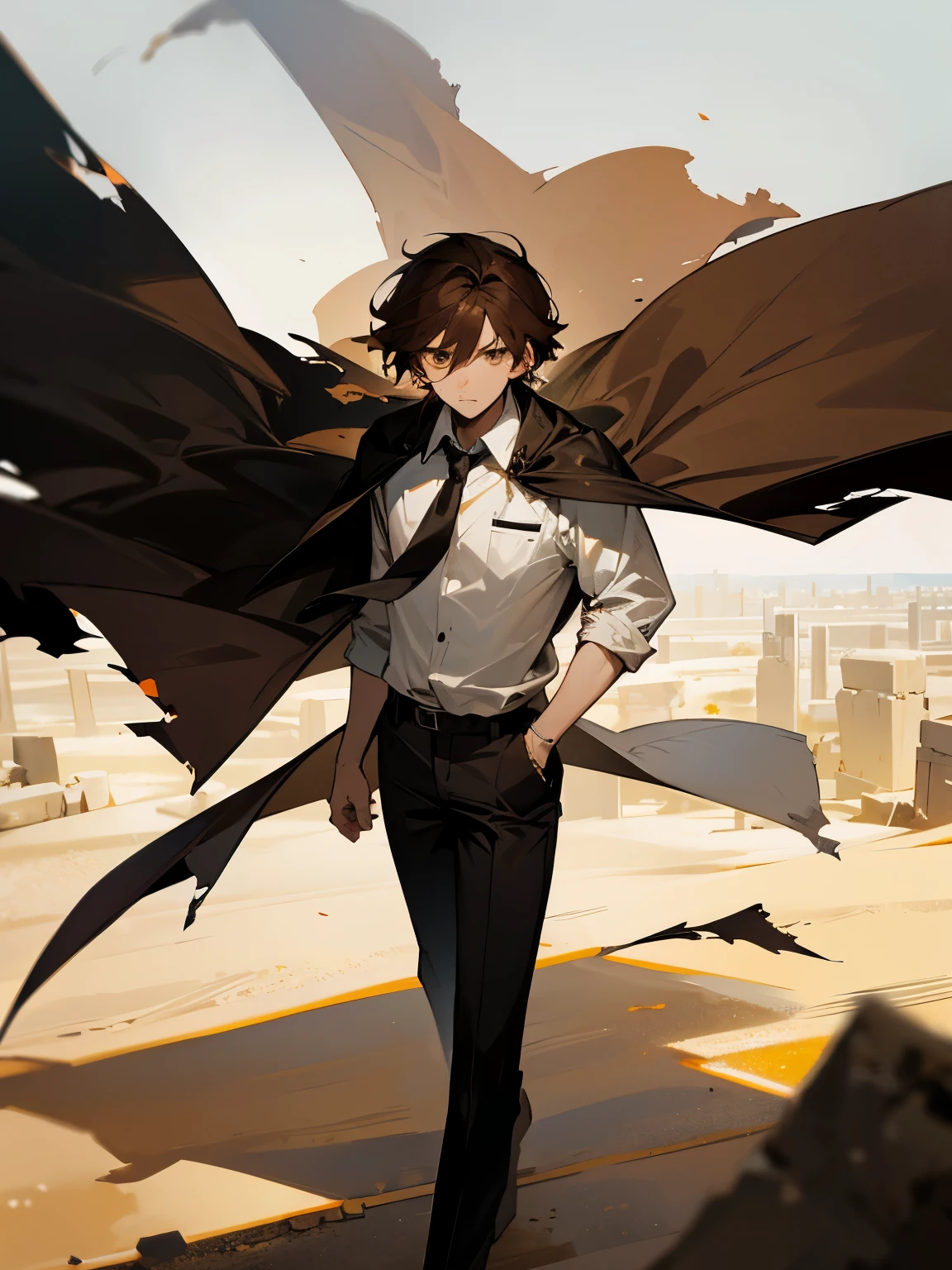 1 guy, brown hair, amber eyes, tall, old torn clothes, white shirt, black pants, black cape, ancient ruins, desert