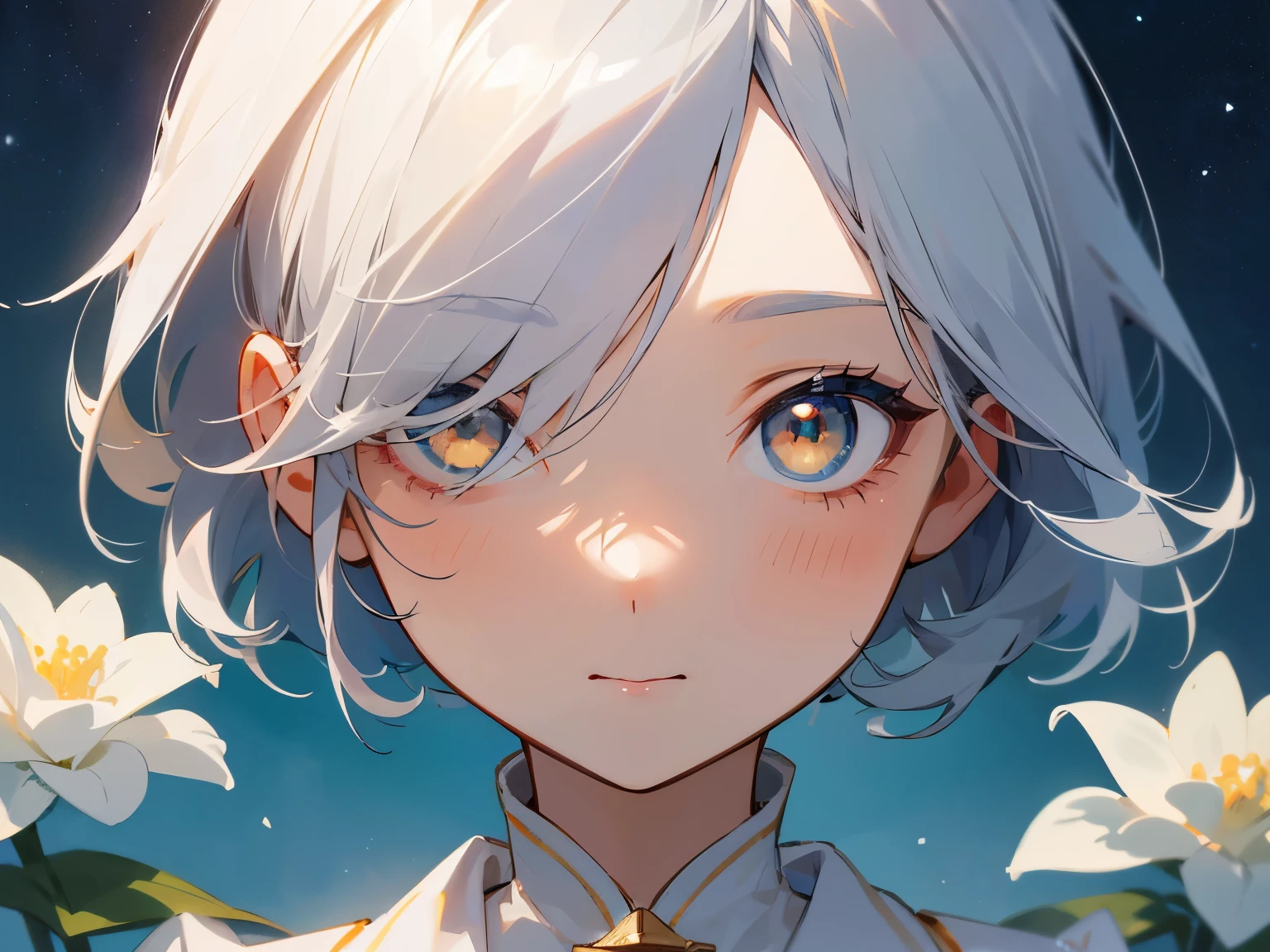 starry night sea、Top view of a girl with bob gray hair and golden eyes, wearing a white dress with white flowers and blue inner color、face up、Misha、hair over one eyes、nervous