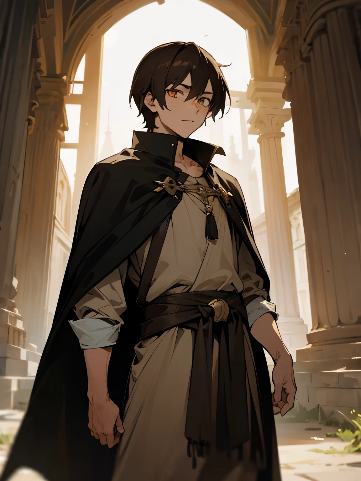 1 guy, brown hair, amber eyes, tall, old tattered clothes, black cape, ancient ruins