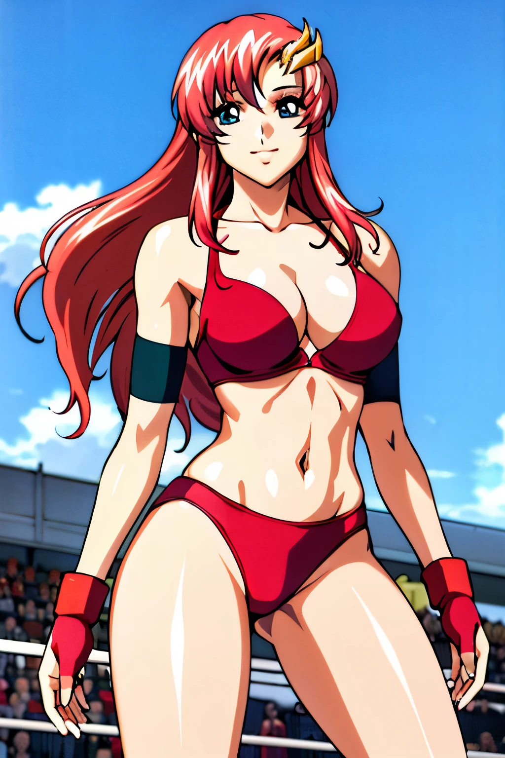 lacus4, (red bikini, red boots, arm band, groin, short gloves), (masterpiece, flexing arms , very slim shoulders, 4K, Best Quality, Anime style: 1.9, happy, Adult Woman, (ultra detailed head), (arena, cloud background), Drawing lines, high resolution, lacus4), 1girl, Solo, curvy figure, Long hair, 鎖骨, scapular, (Detailed wide hair bangs, Hair Ornament, Detailed reddish-pink hair, shiny streaks, slim arms, detailed golden crest), cleavage, large hands, (hair cover shoulders). (Big blue eyes, shiny eyes), ((female wrestler, (slim body), standing, slim arms)), ((perfect proportions, medium breasts, long belly)), ((totally red bra, neck band)), smile, (standing, hot colors), detailed fingers, (bare shoulders)