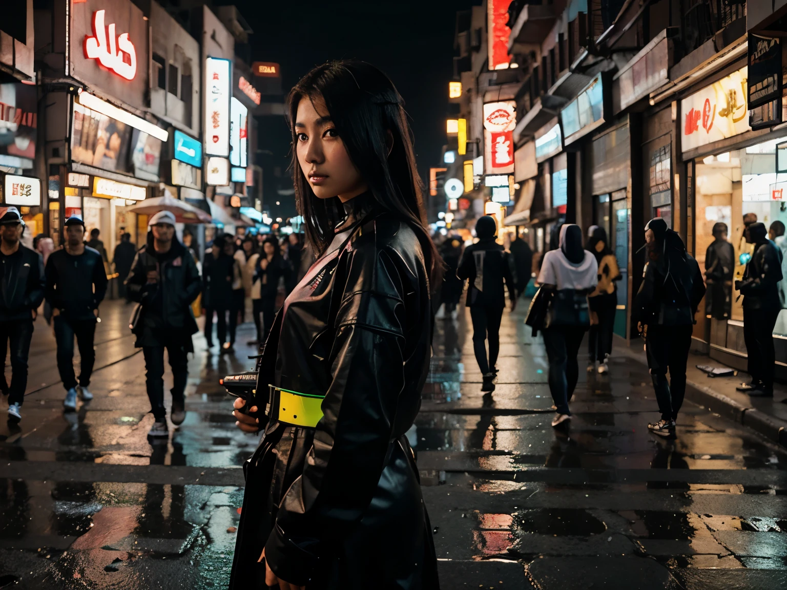 Asian model on the street of arabic city in cyberpunk style, androids and drones, neons