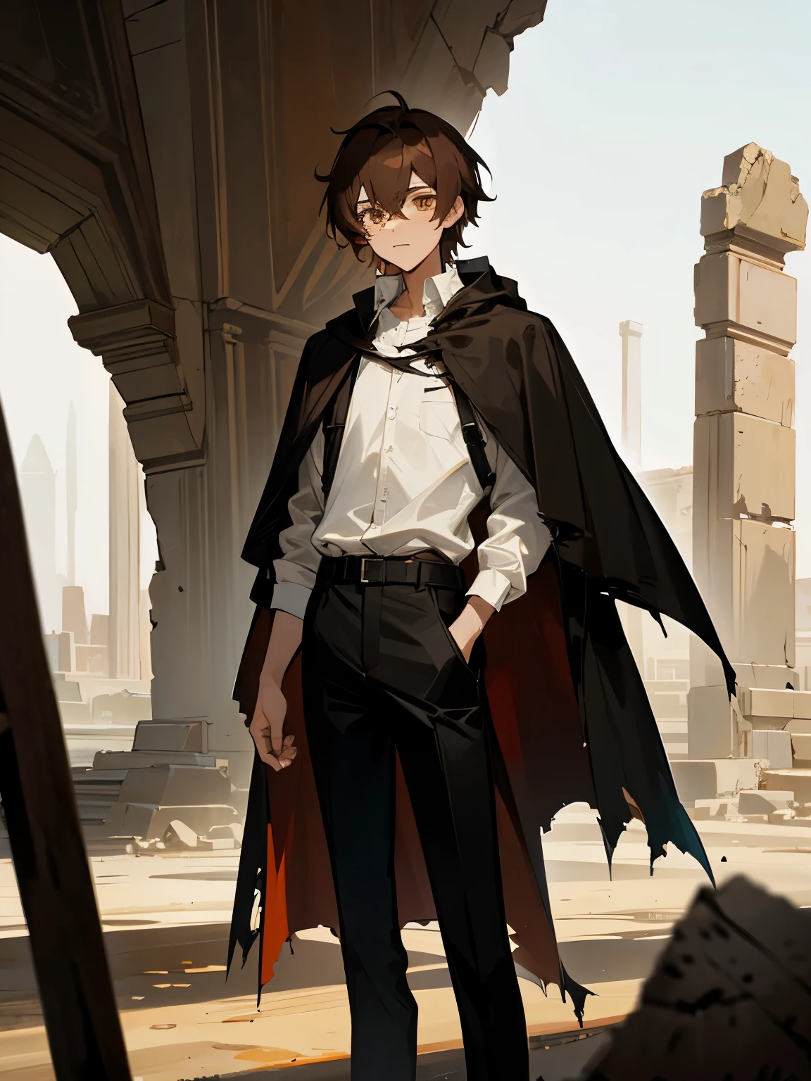 1 guy, brown hair, amber eyes, tall, old torn clothes, white shirt, black pants, black cloak, ancient ruins, desert