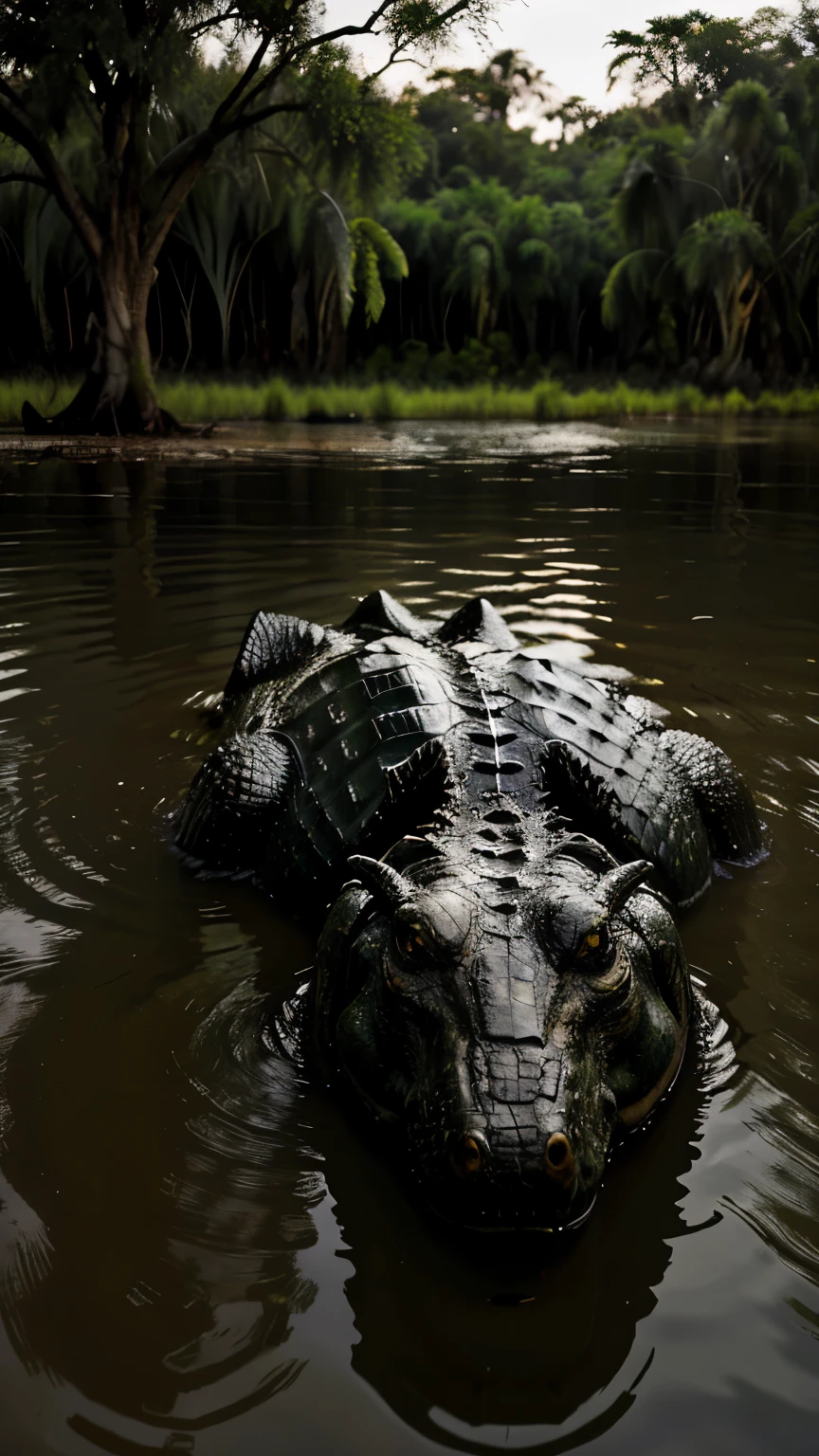 make a picture, a giant crocodile is soaking in a swamp on the edge of a lake in Africa, has black skin, scary eyes like a predator ready to pounce on its prey, night setting, tense atmosphere, wide, 8k, super realistic