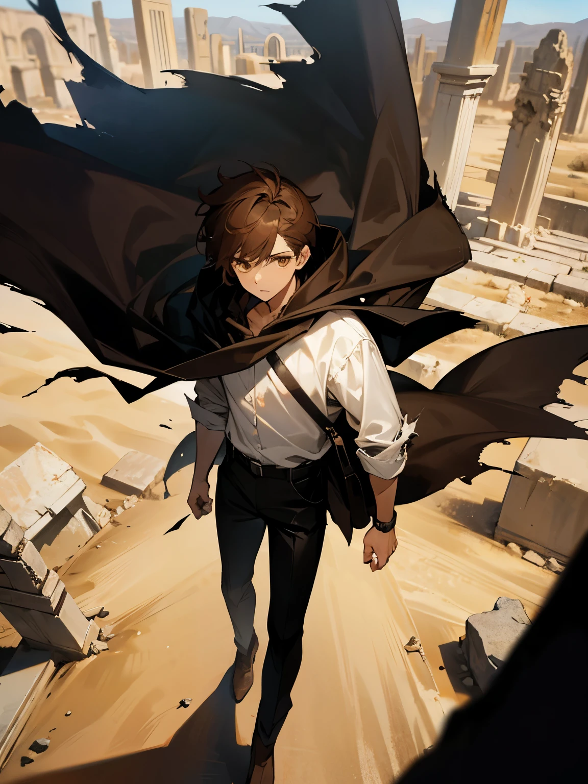 1 guy, brown hair, amber eyes, tall, old torn clothes, white shirt, black pants, black cloak, ancient ruins, desert