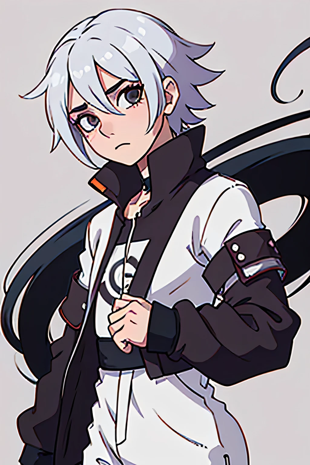 crie um personagem inspirado no anime naruto, masculino, cabelo longo e preto com franja no olho esquerdo, olhos castanho e blusa preta com roupa cinza