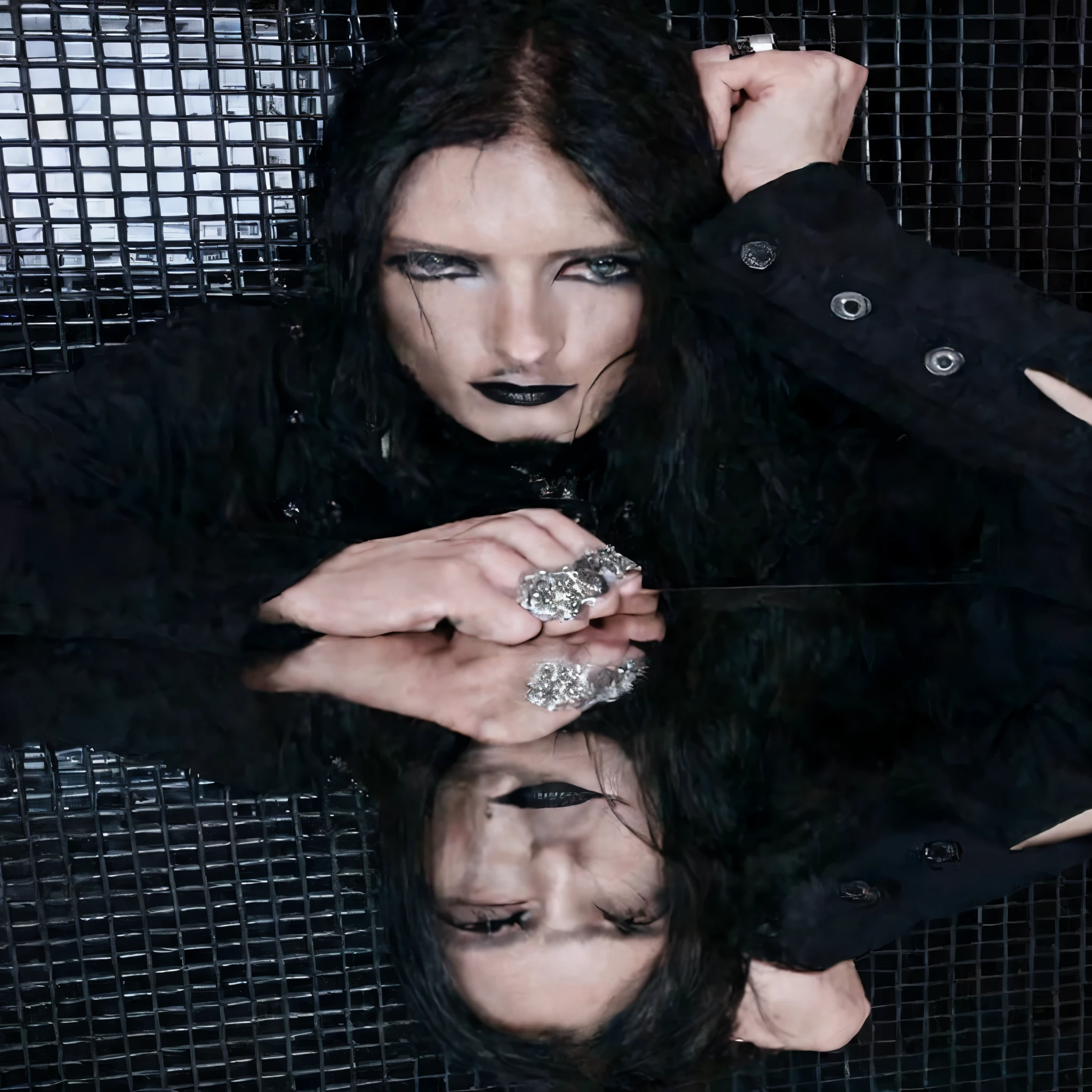 arafed woman with black makeup and black makeup holding a silver object, with black sclera eyes, with long hair and piercing eyes, black metal, kieth thomsen, carl gustav, gothique, wearing goth makeup, black metal rococo, felix englund, with his long black hair, dark piercing eyes, promo shot, pale - white skin