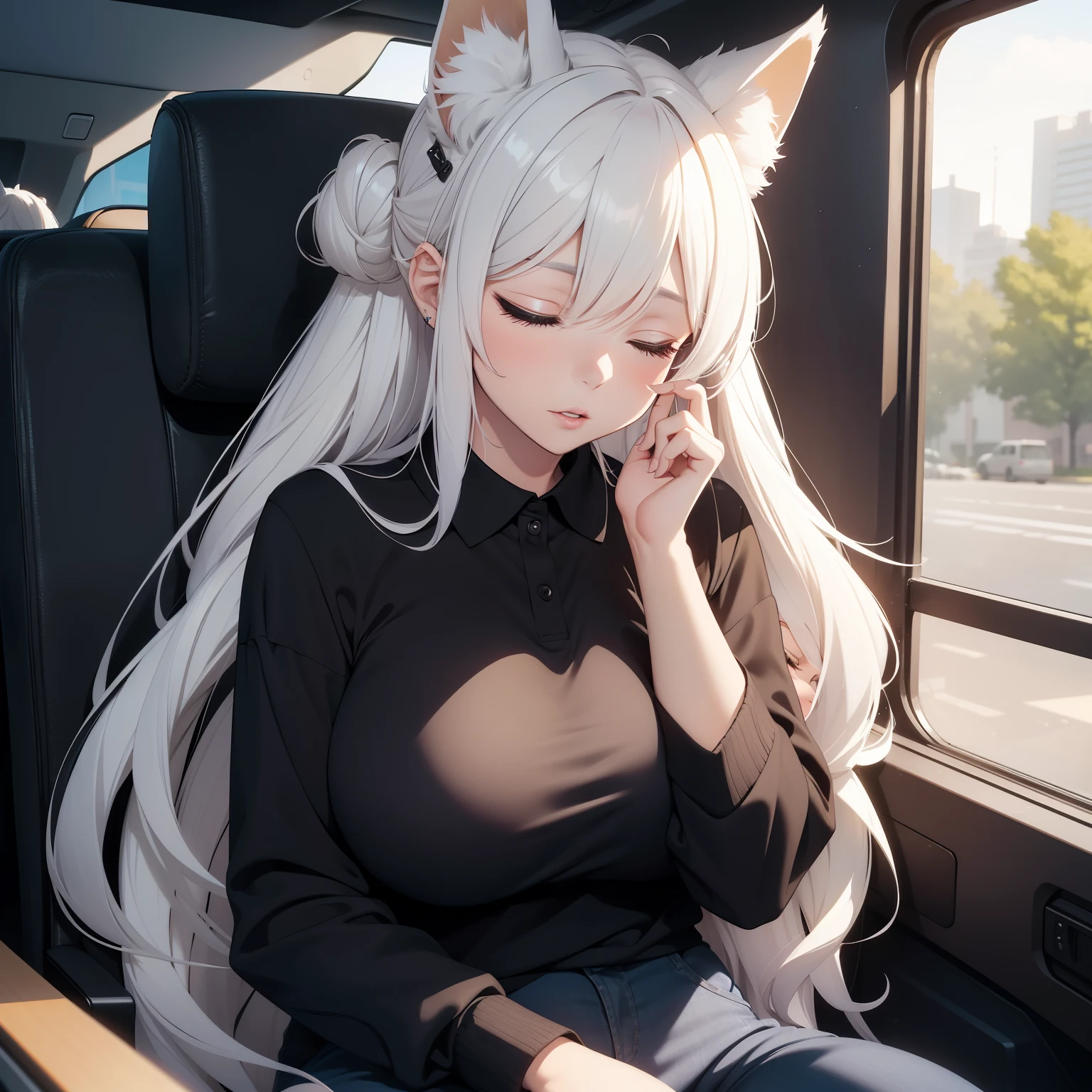 (ultra-detailed,best quality,highres:1.2),realistic,BLARKY beautiful caucasian woman with long straight white hair,yellow eyes,fair skin,expressive face,attractive appearance,animal ear fluff,animal ears,extra ears,fox ears,fox girl,fox tail,long hair,bangs,hair between eyes,large breasts,blush,
BREAK
1 beautiful woman, sleeping with her mouth open, lips open, sleeping sitting on the bus seat, all hair tied up with a hair clip in a single bun, long-sleeved polo shirt with little gold circles on the shoulders, beautiful neckline; big wallet, outlined eyes, long jean pants, eyes closed, head resting on the seat, sitting near the window, head raised up with open mouth, eyes closed