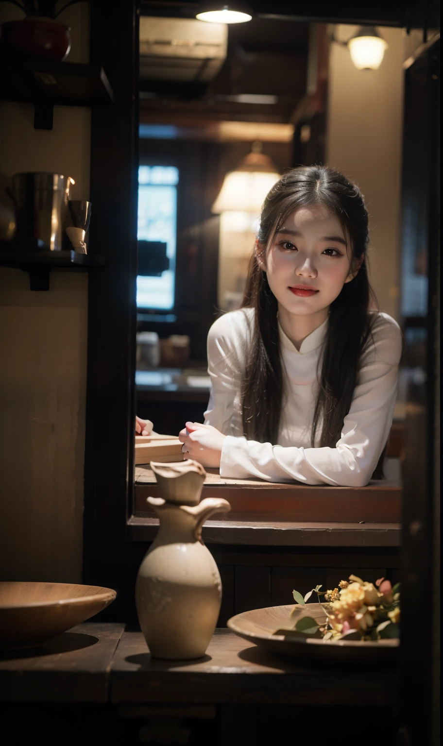 1girl, aodai white, photo art, (flower), a stunning photo with beautiful saturation, ultra high res,(realistic:1.4)),deep shadow,(best quality, masterpiece), pale skin, dimly lit, shade, flustered, blush, highly detailed, skinny, BREAK depth of field, film grain, wrinkled skin, looking at viewer, knee, warm smile, (upper body) masterpiece,ultra realistic,32k,extremely detailed CG unity 8k wallpaper, best quality