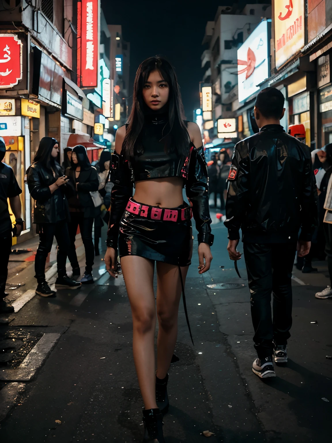 Asian teen model on the street of arabic city in cyberpunk style, androids and drones, neons