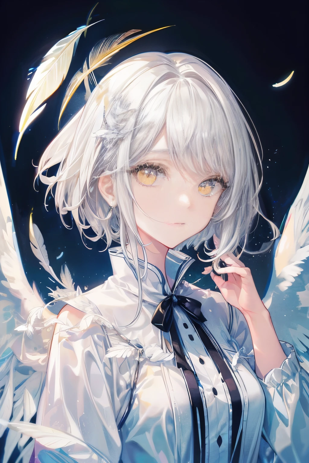 Angel, look over your shoulder, Neutral language, shine, White eyelashes, Hand in hand, yellow eyes, short white messy hair, close up of face, Depth of bounds written, vignette, Angelの翼, Falling white feathers, watercolor